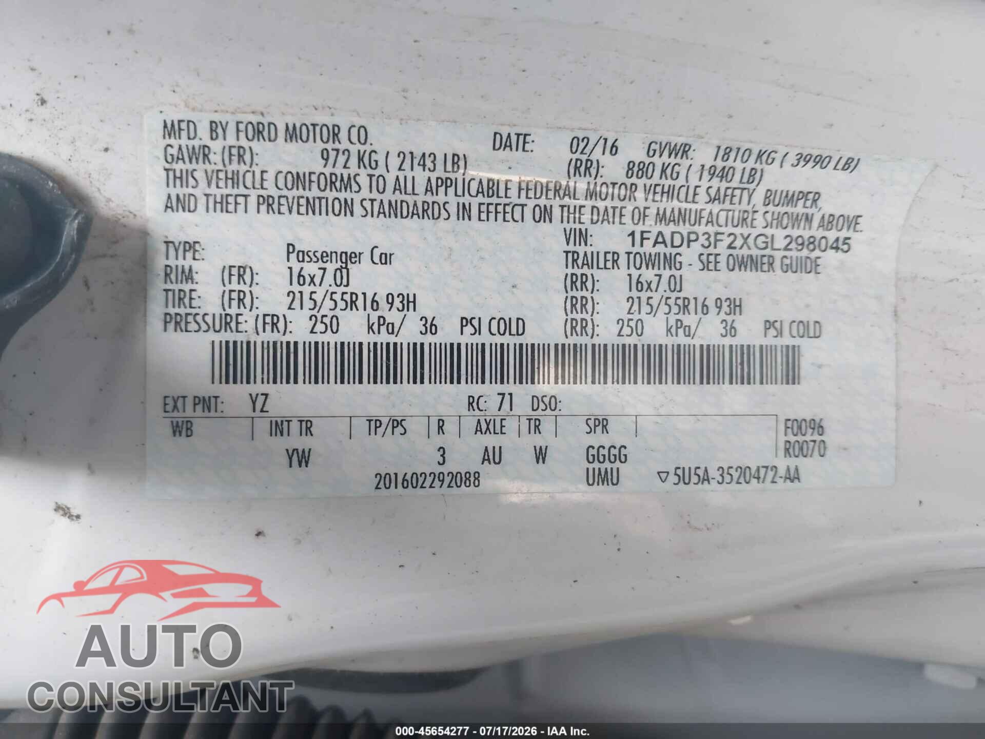 FORD FOCUS 2016 - 1FADP3F2XGL298045