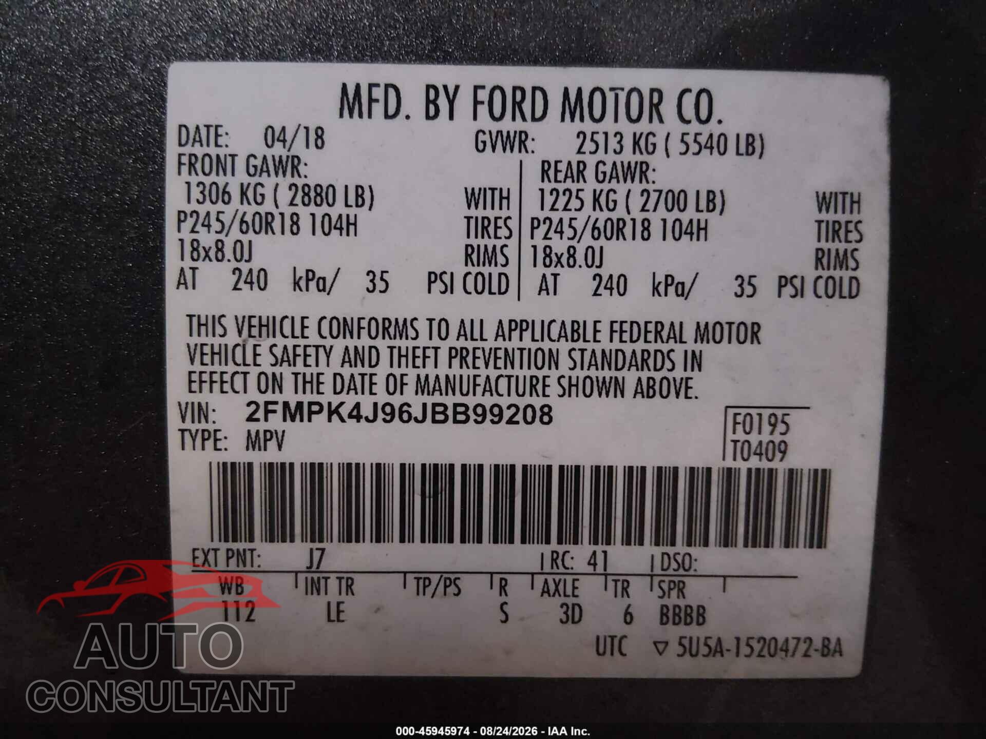 FORD EDGE 2018 - 2FMPK4J96JBB99208