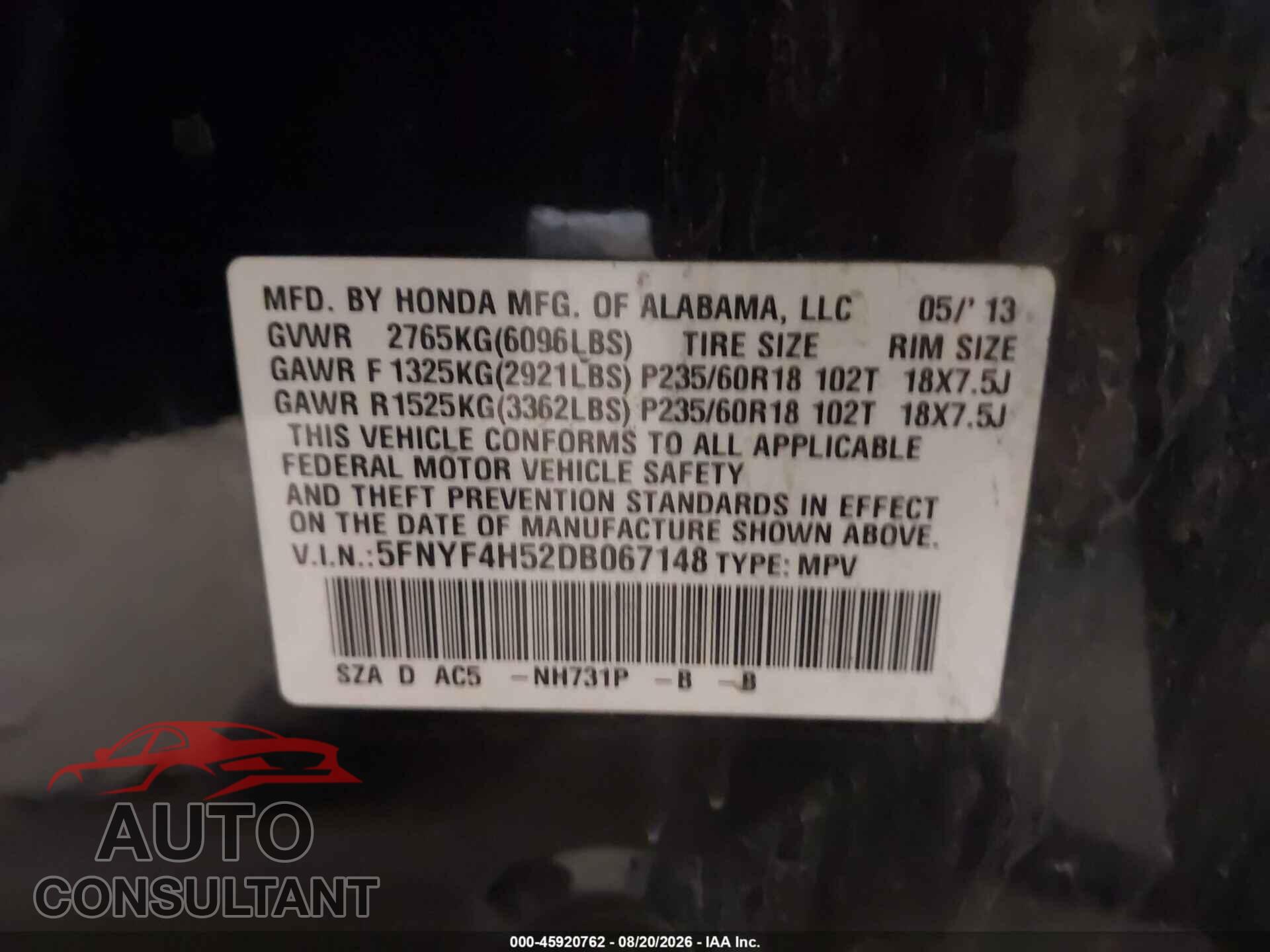 HONDA PILOT 2013 - 5FNYF4H52DB067148