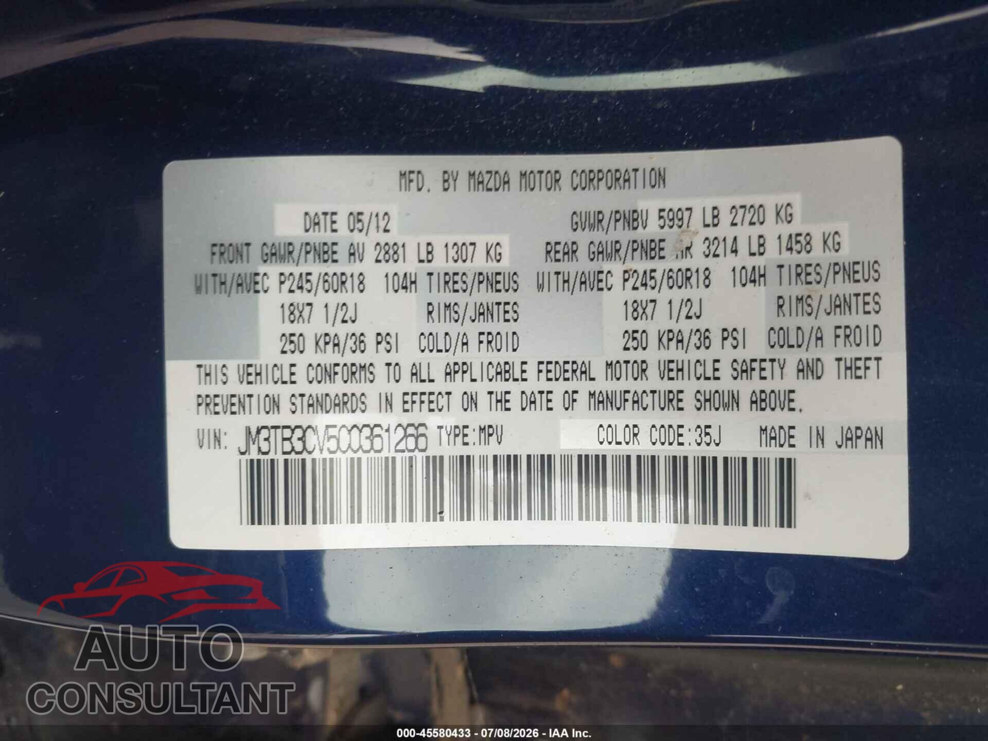 MAZDA CX-9 2012 - JM3TB3CV5C0361266