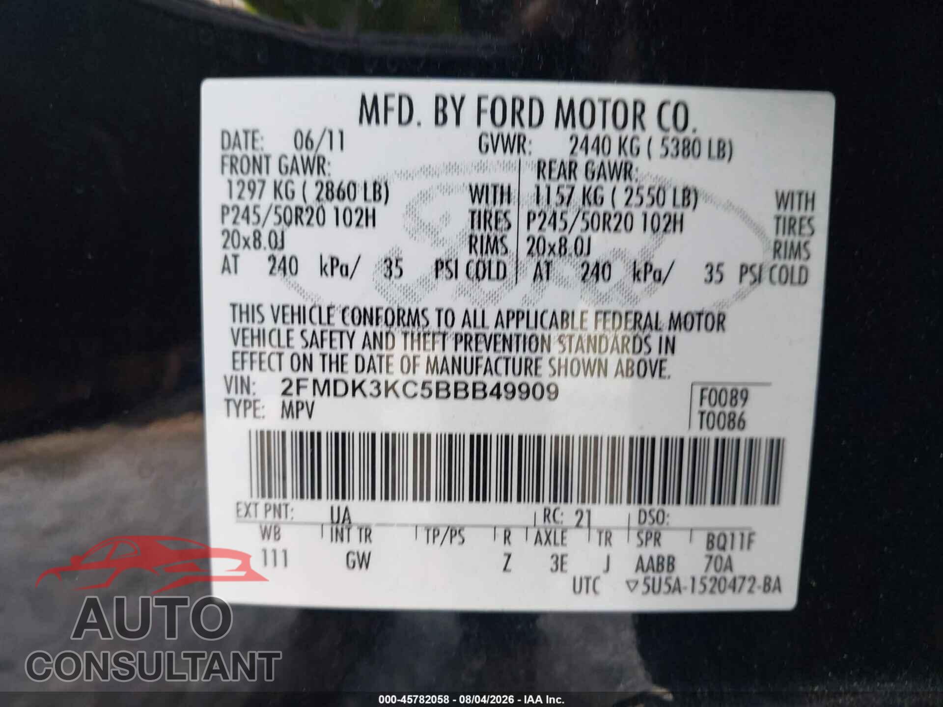 FORD EDGE 2011 - 2FMDK3KC5BBB49909