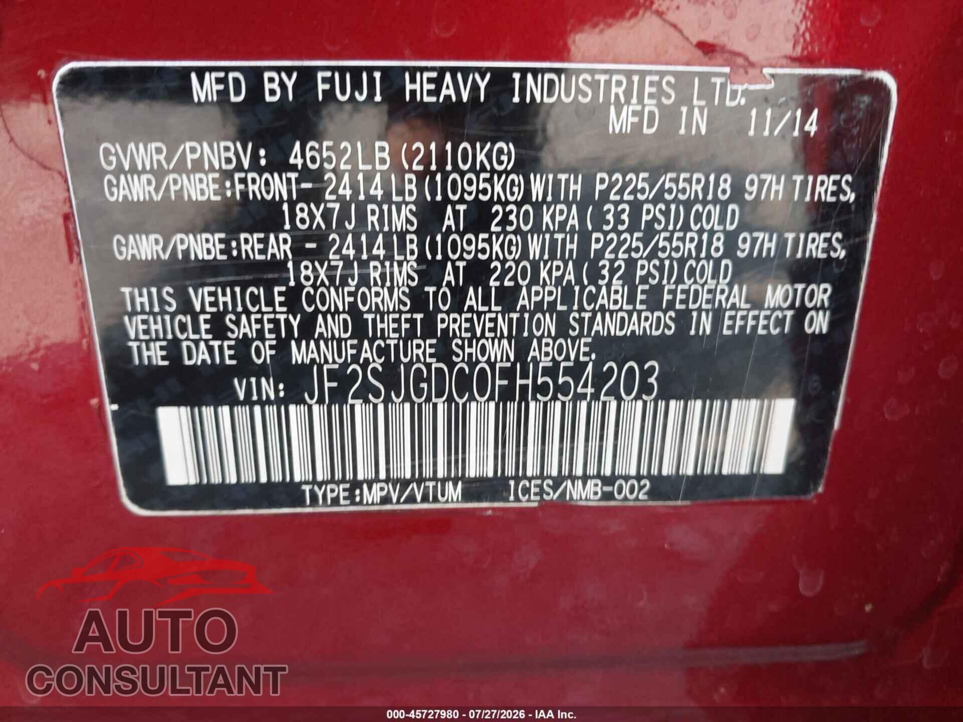 SUBARU FORESTER 2015 - JF2SJGDC0FH554203