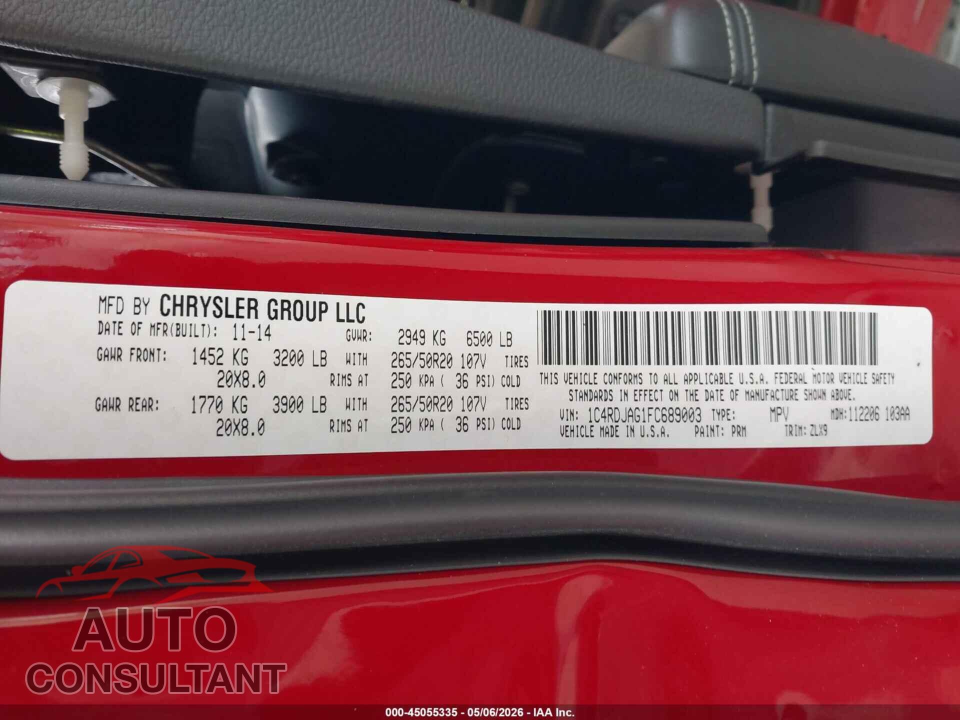 DODGE DURANGO 2015 - 1C4RDJAG1FC689003