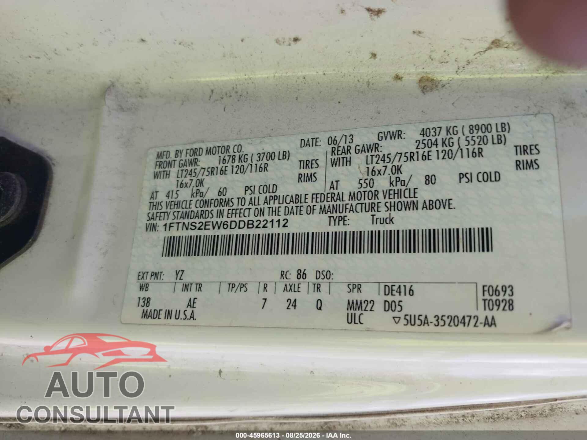 FORD E-250 2013 - 1FTNS2EW6DDB22112