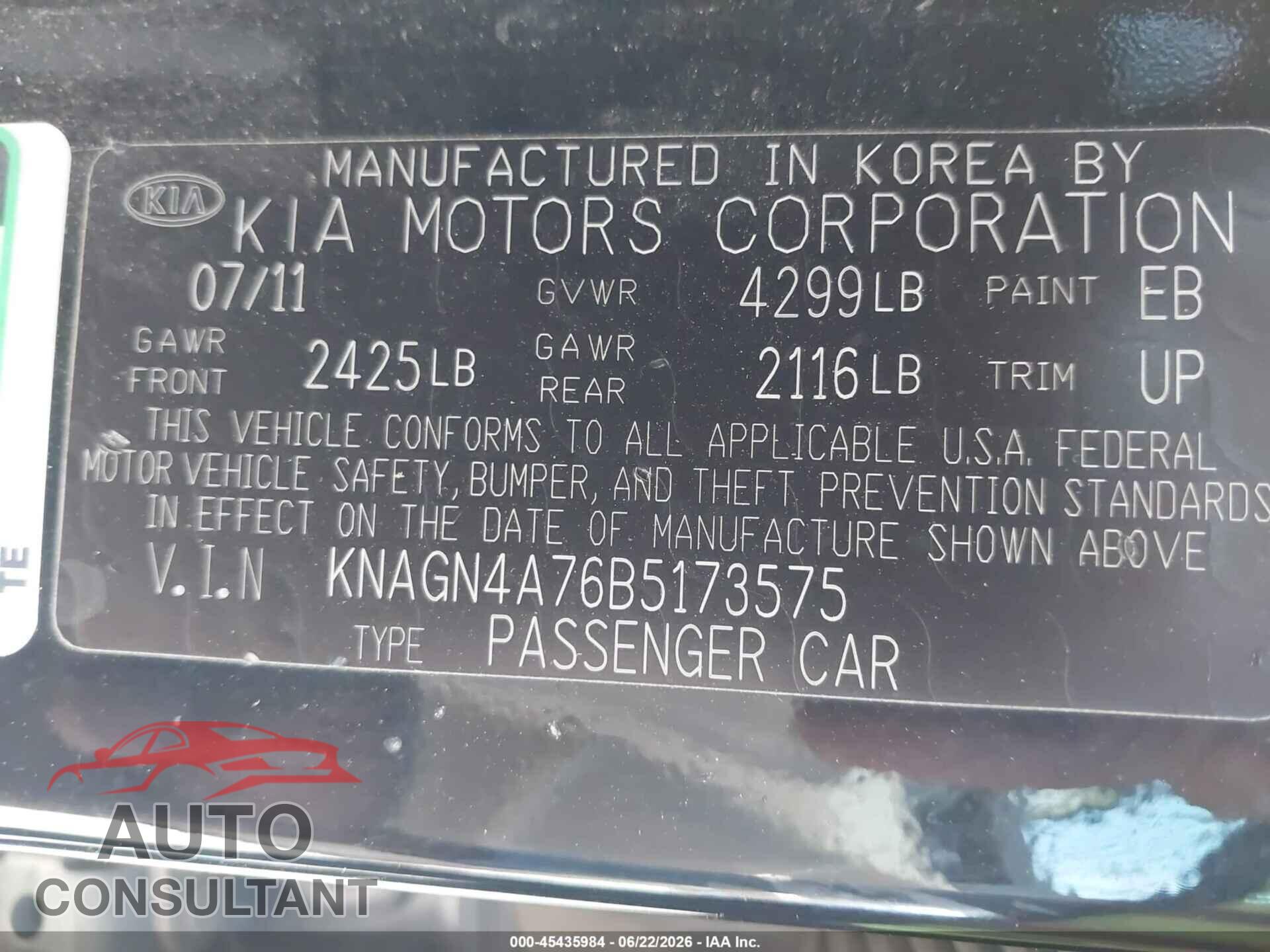 KIA OPTIMA 2011 - KNAGN4A76B5173575