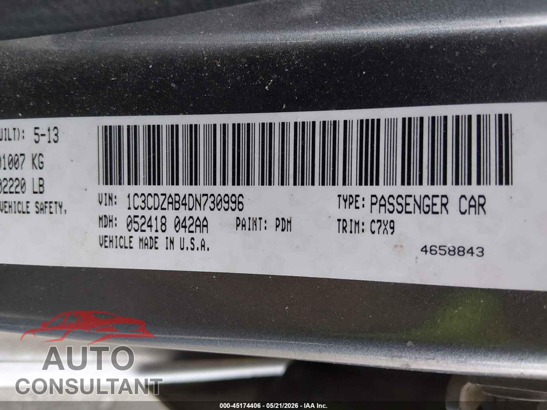 DODGE AVENGER 2013 - 1C3CDZAB4DN730996