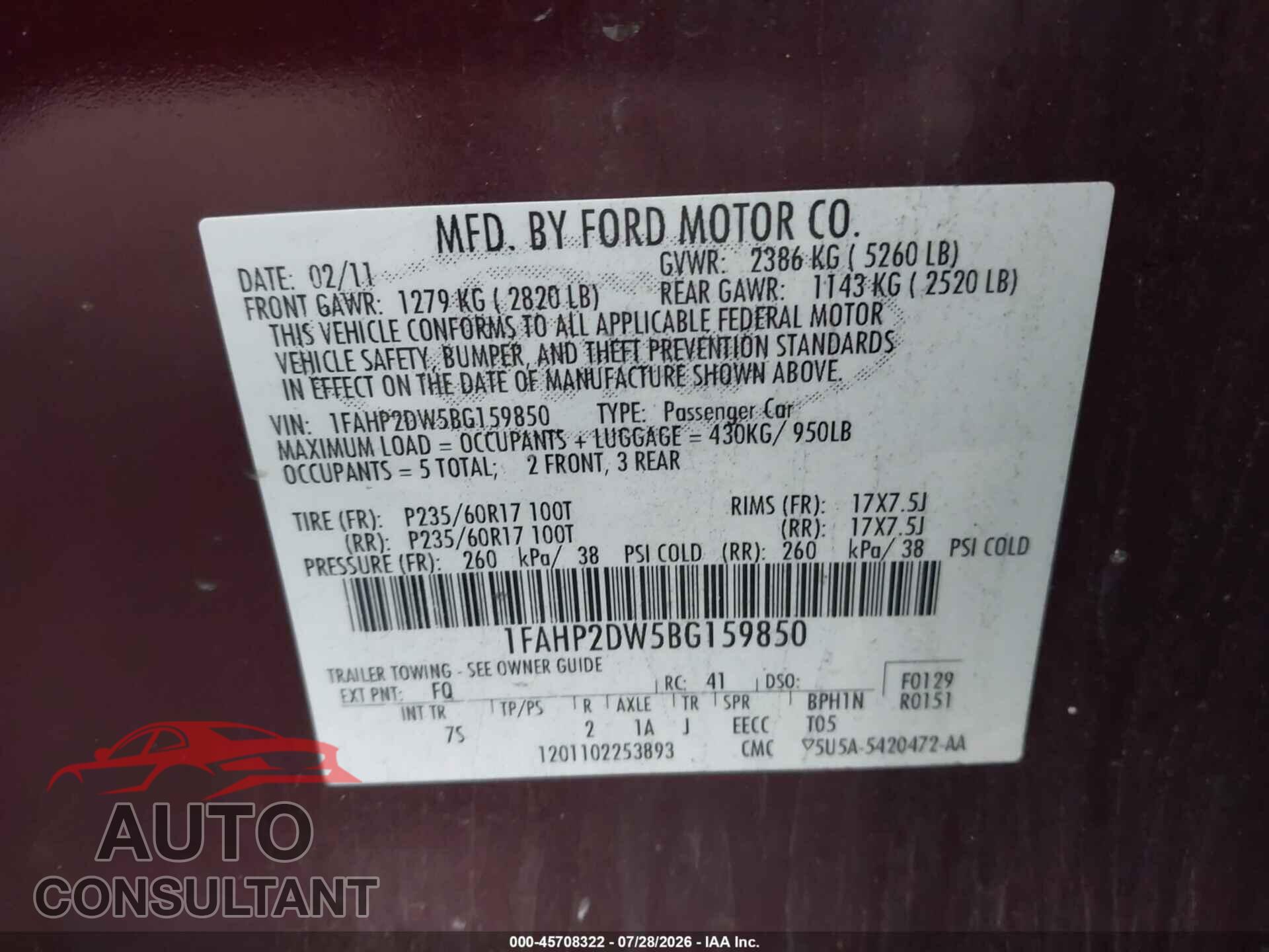 FORD TAURUS 2011 - 1FAHP2DW5BG159850