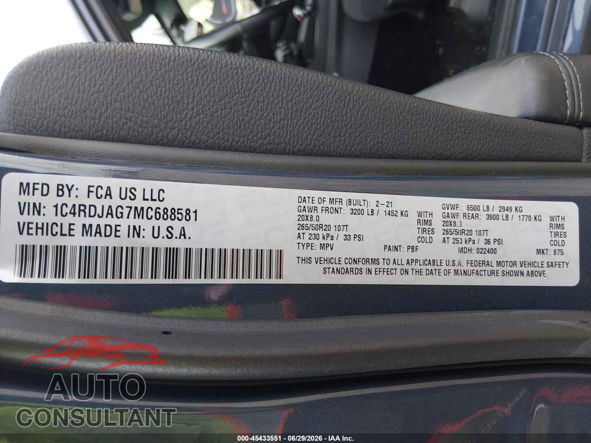 DODGE DURANGO 2021 - 1C4RDJAG7MC688581
