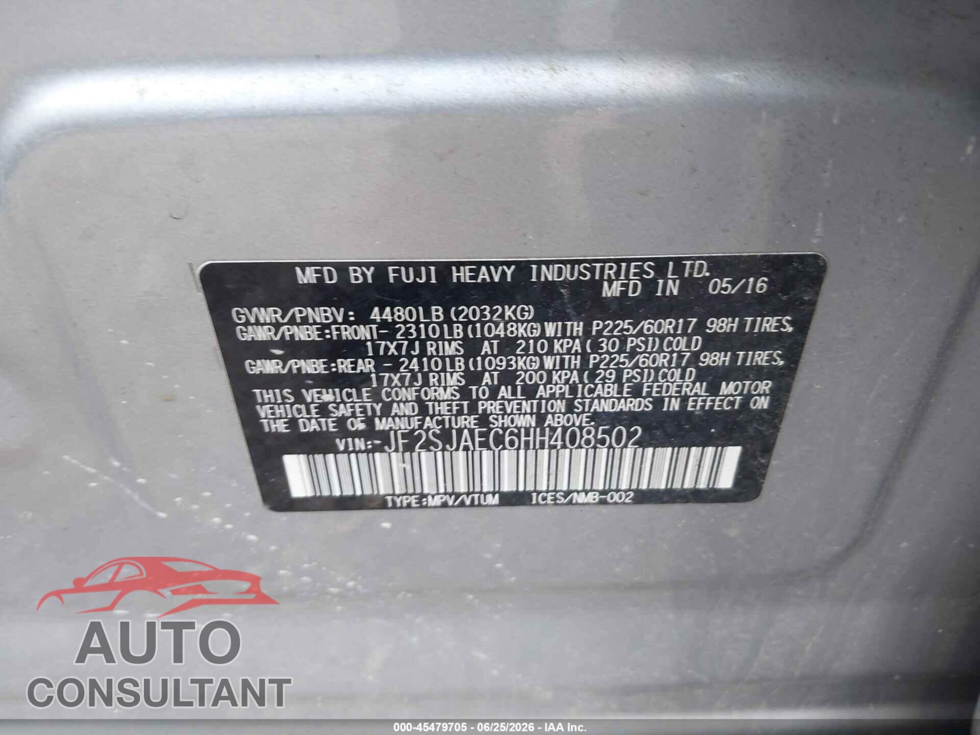 SUBARU FORESTER 2017 - JF2SJAEC6HH408502