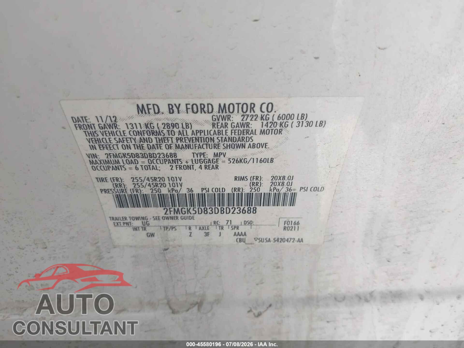 FORD FLEX 2013 - 2FMGK5D83DBD23688