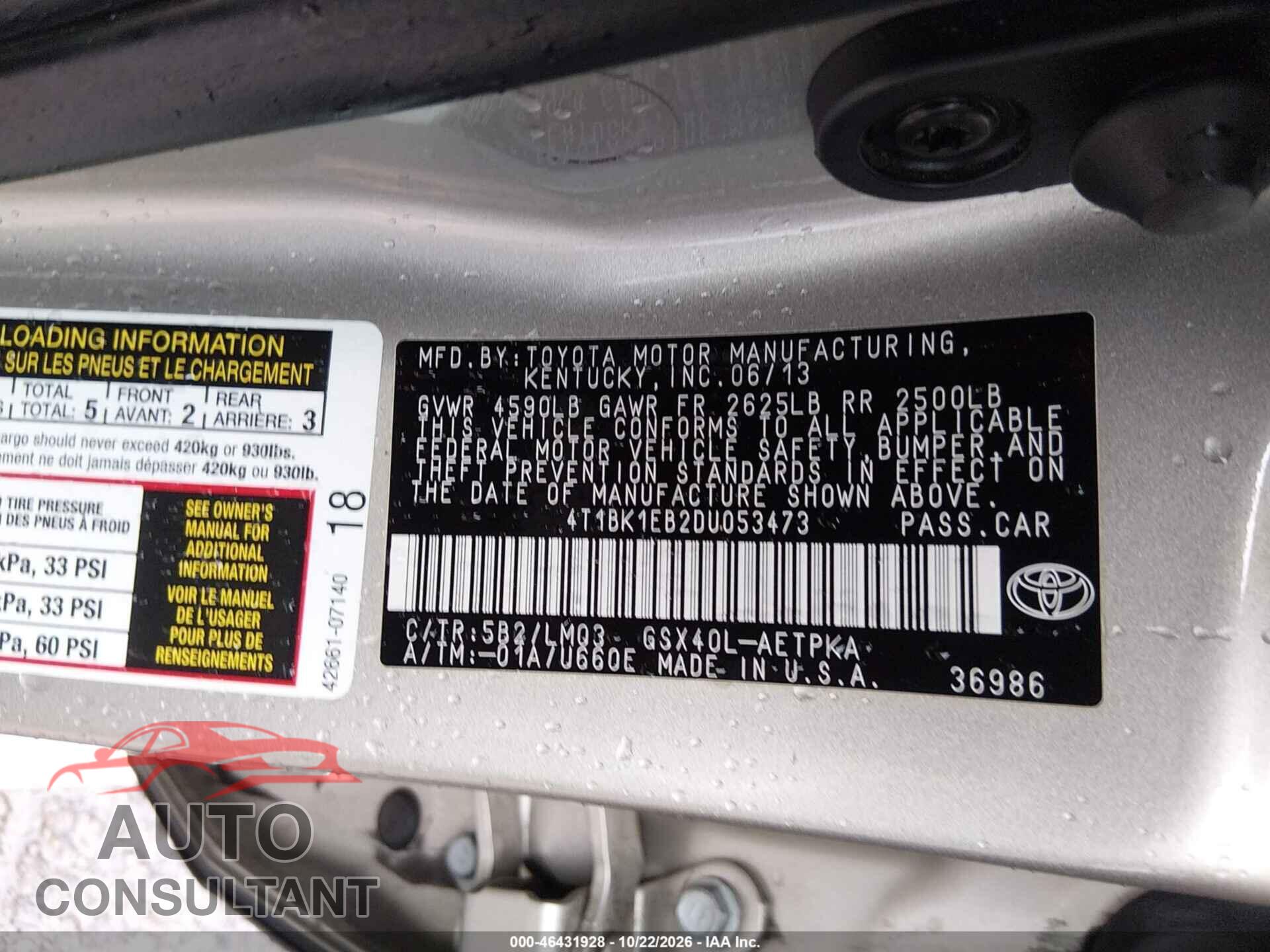 TOYOTA AVALON 2013 - 4T1BK1EB2DU053473