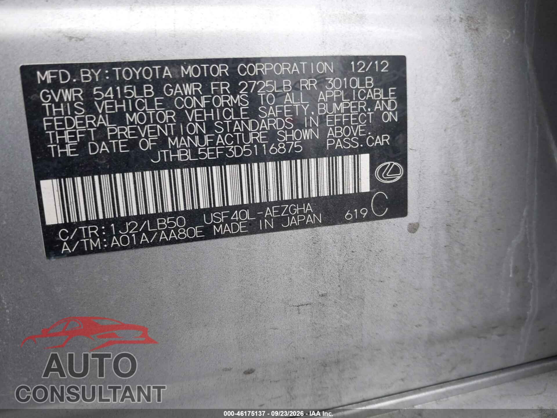 LEXUS LS 460 2013 - JTHBL5EF3D5116875