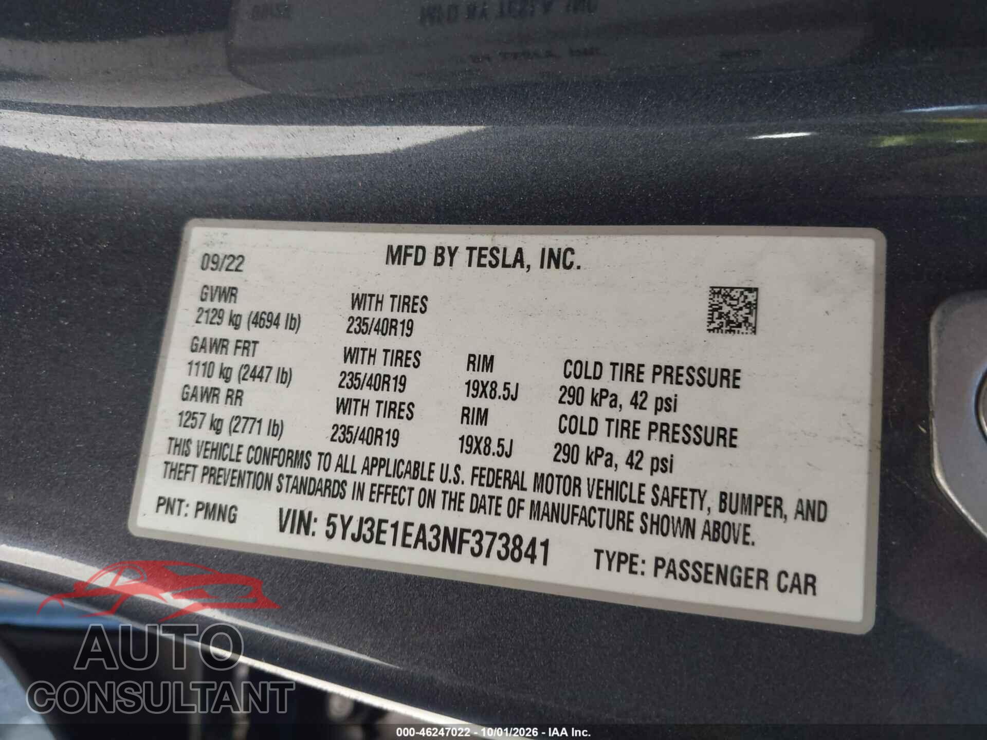 TESLA MODEL 3 2022 - 5YJ3E1EA3NF373841