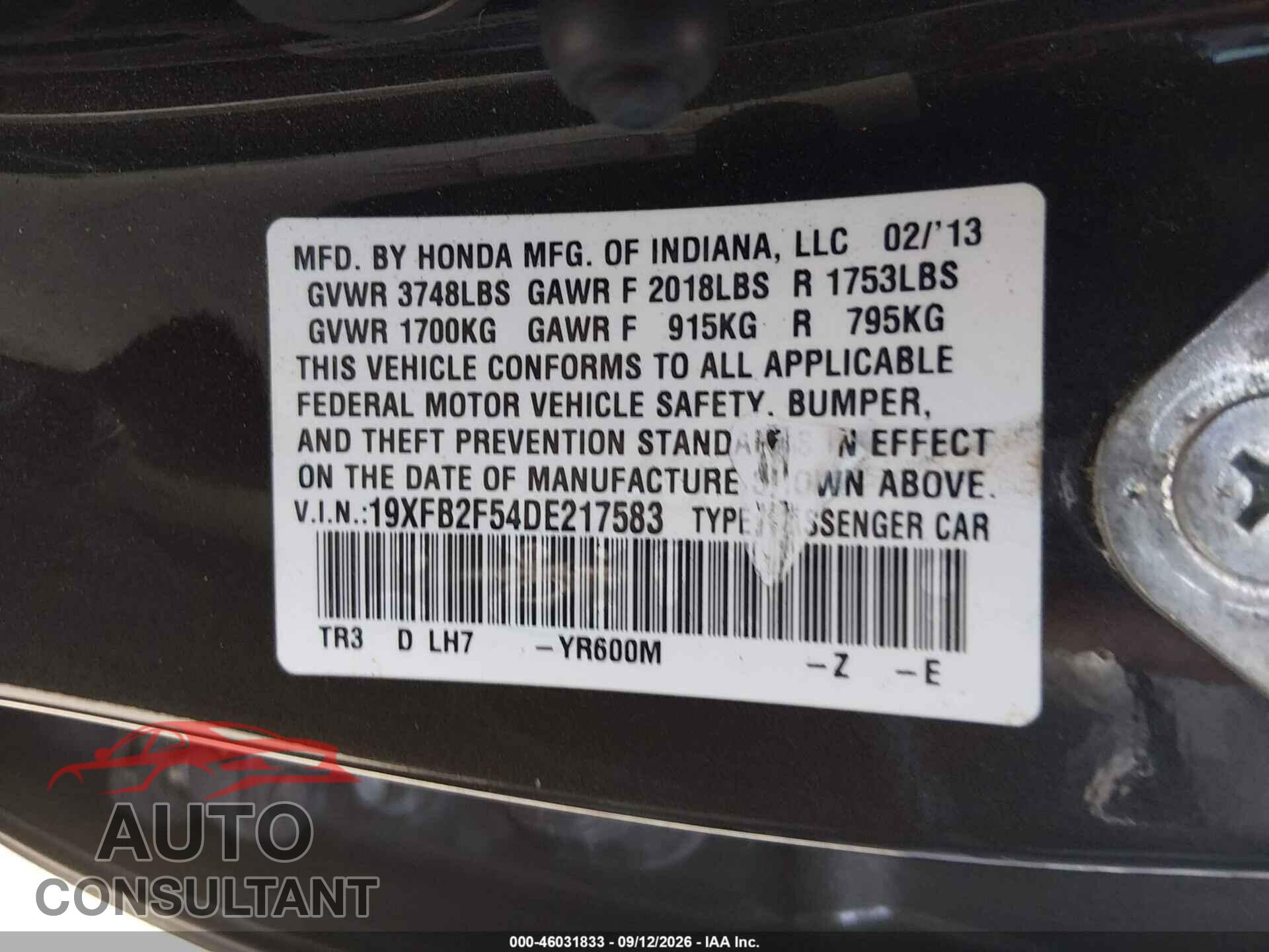HONDA CIVIC 2013 - 19XFB2F54DE217583