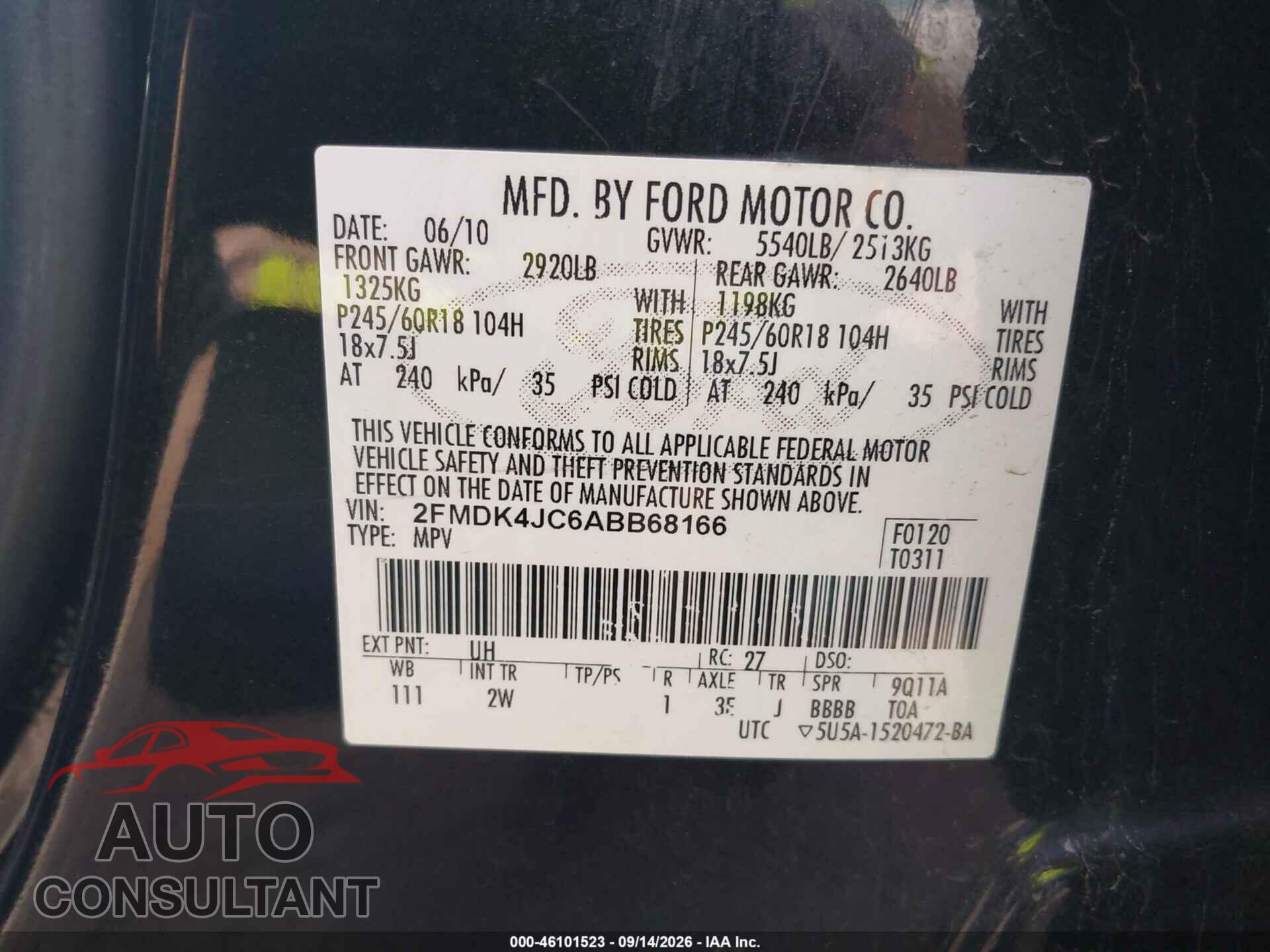 FORD EDGE 2010 - 2FMDK4JC6ABB68166