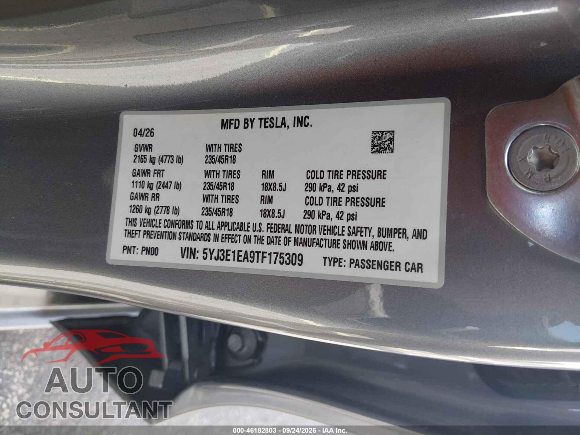 TESLA MODEL 3 2026 - 5YJ3E1EA9TF175309