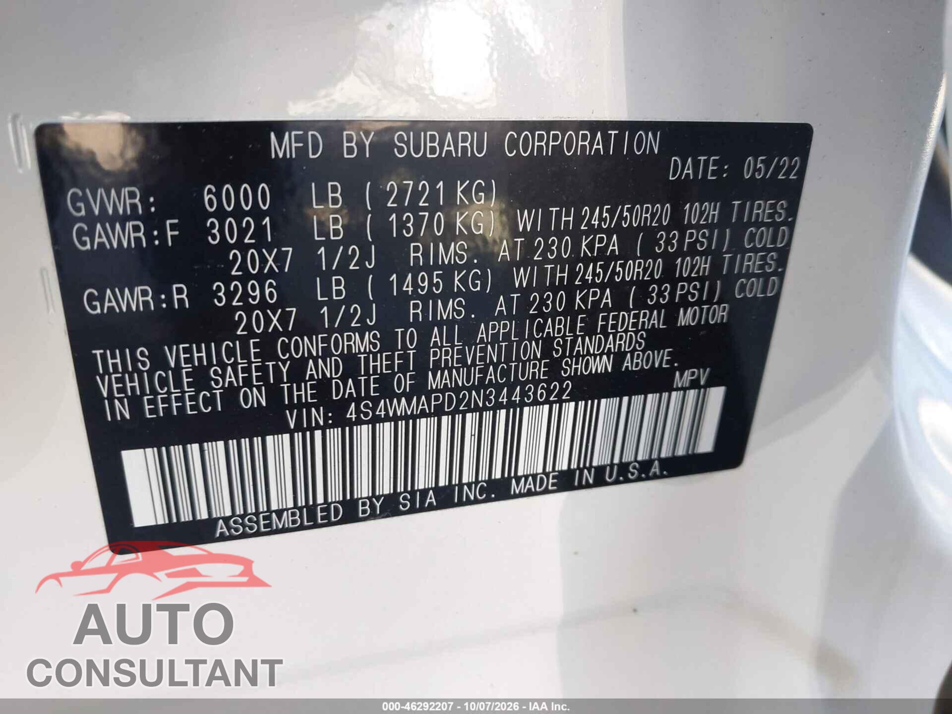 SUBARU ASCENT 2022 - 4S4WMAPD2N3443622