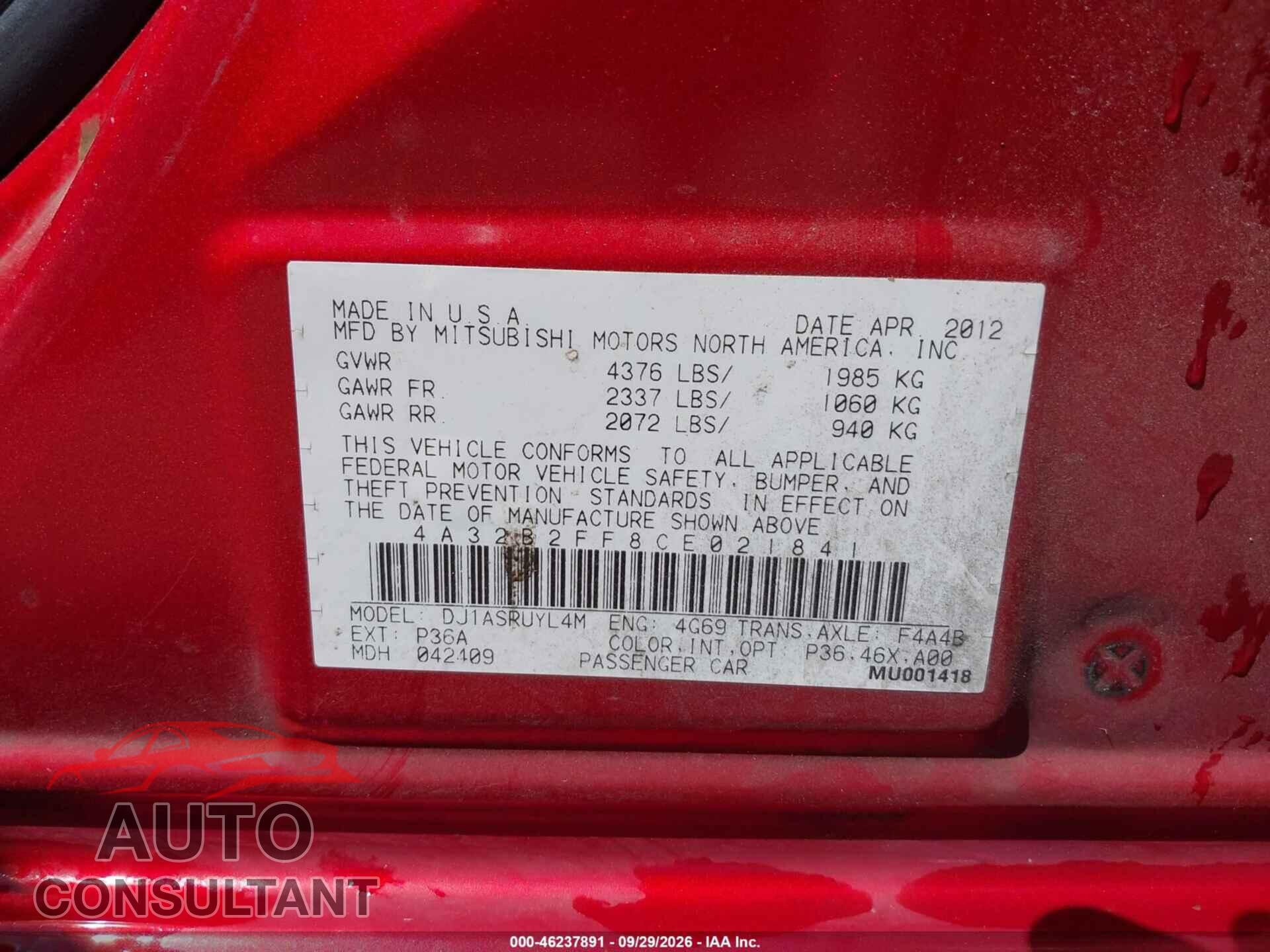 MITSUBISHI GALANT 2012 - 4A32B2FF8CE021841