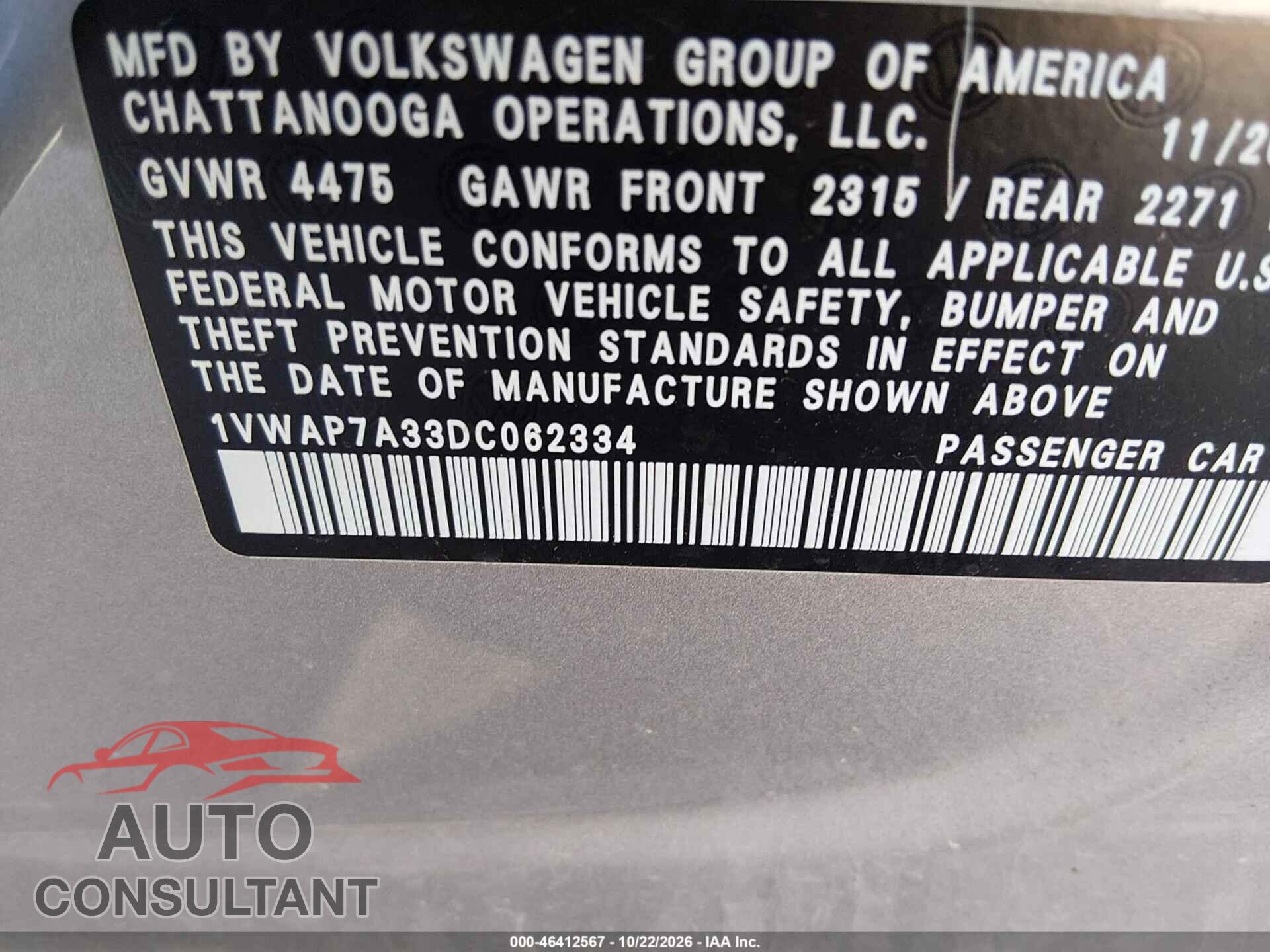 VOLKSWAGEN PASSAT 2013 - 1VWAP7A33DC062334