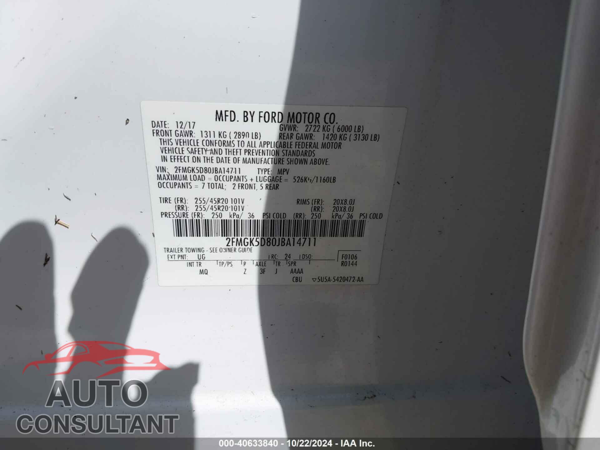 FORD FLEX 2018 - 2FMGK5D80JBA14711