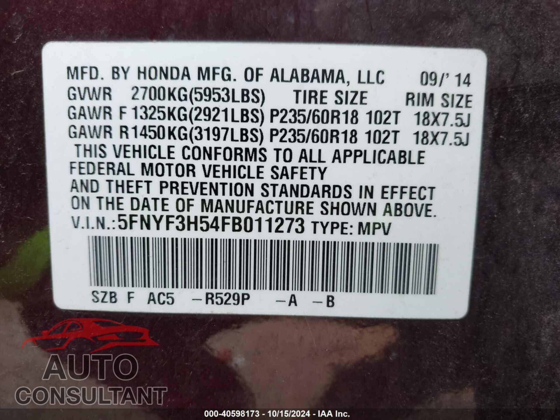 HONDA PILOT 2015 - 5FNYF3H54FB011273