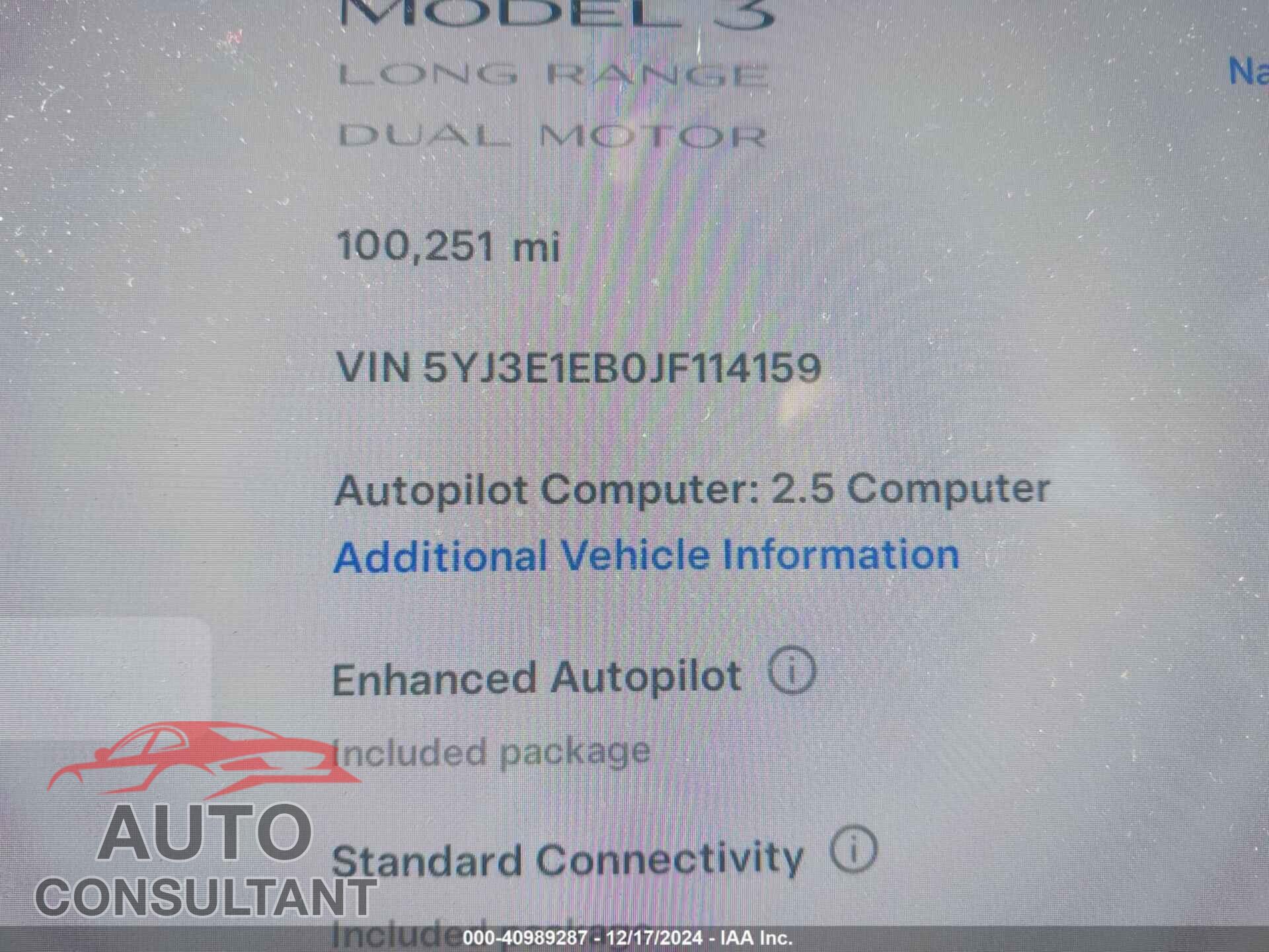 TESLA MODEL 3 2018 - 5YJ3E1EB0JF114159