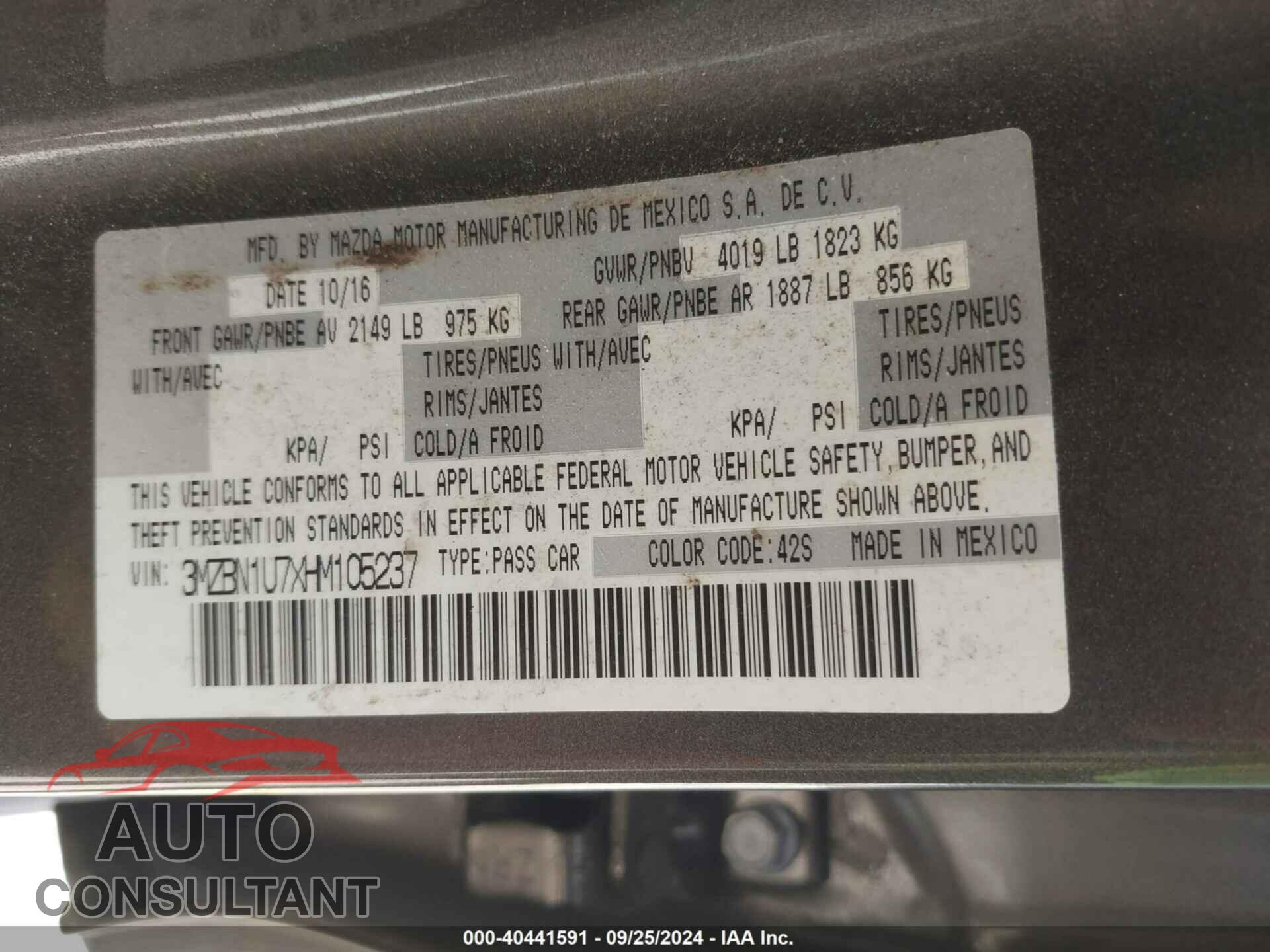 MAZDA MAZDA3 2017 - 3MZBN1U7XHM105237