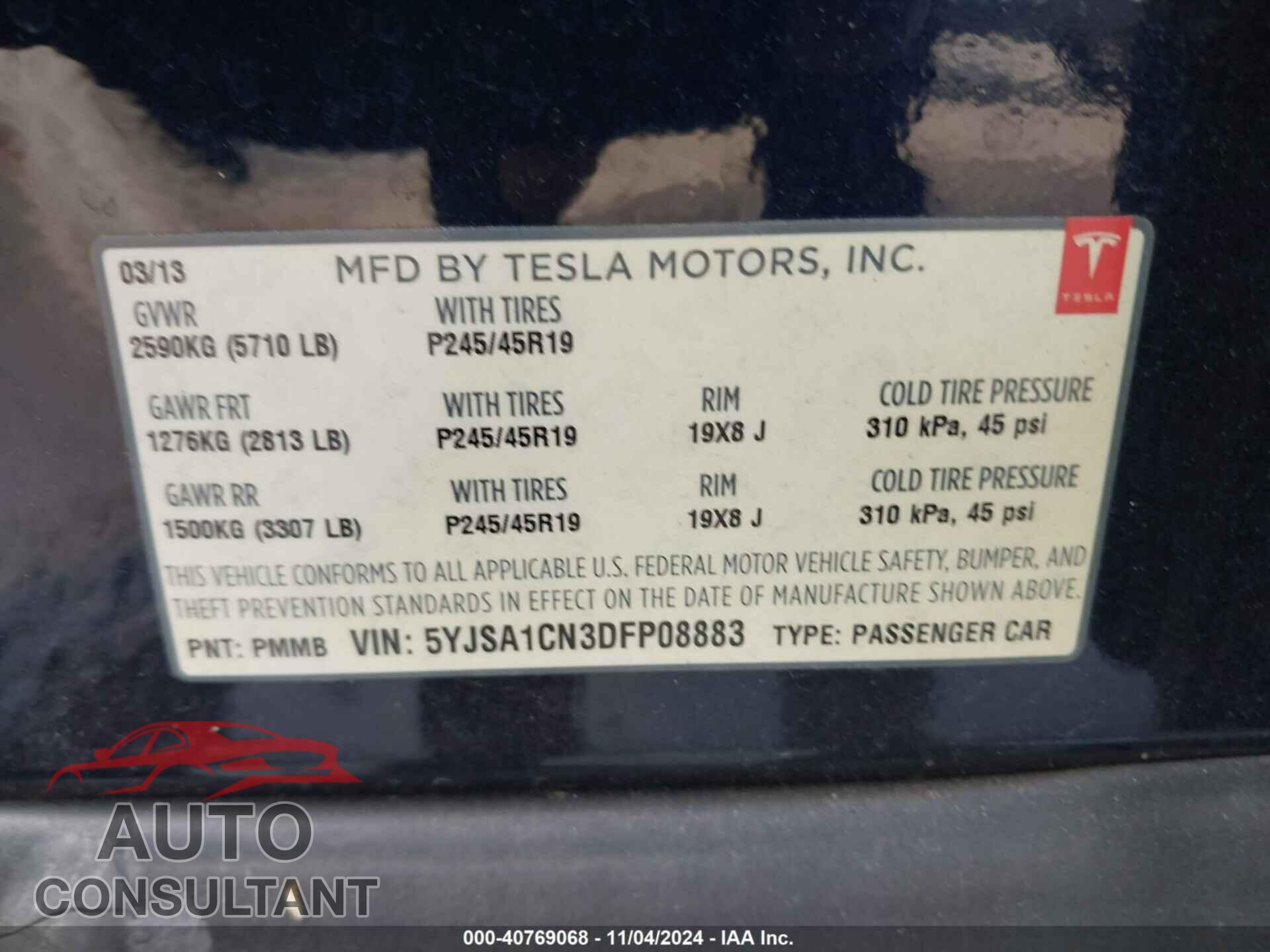 TESLA MODEL S 2013 - 5YJSA1CN3DFP08883