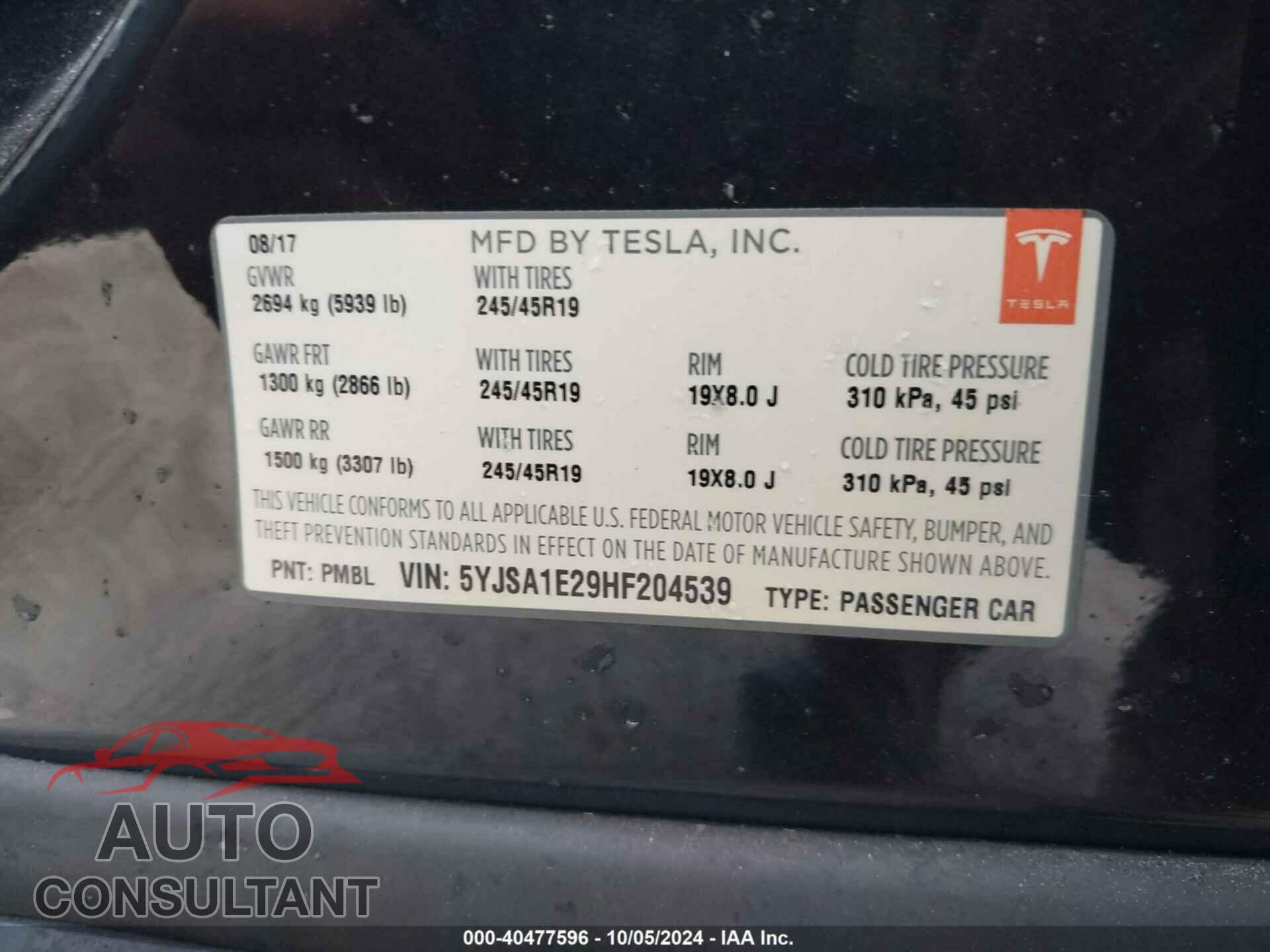 TESLA MODEL S 2017 - 5YJSA1E29HF204539