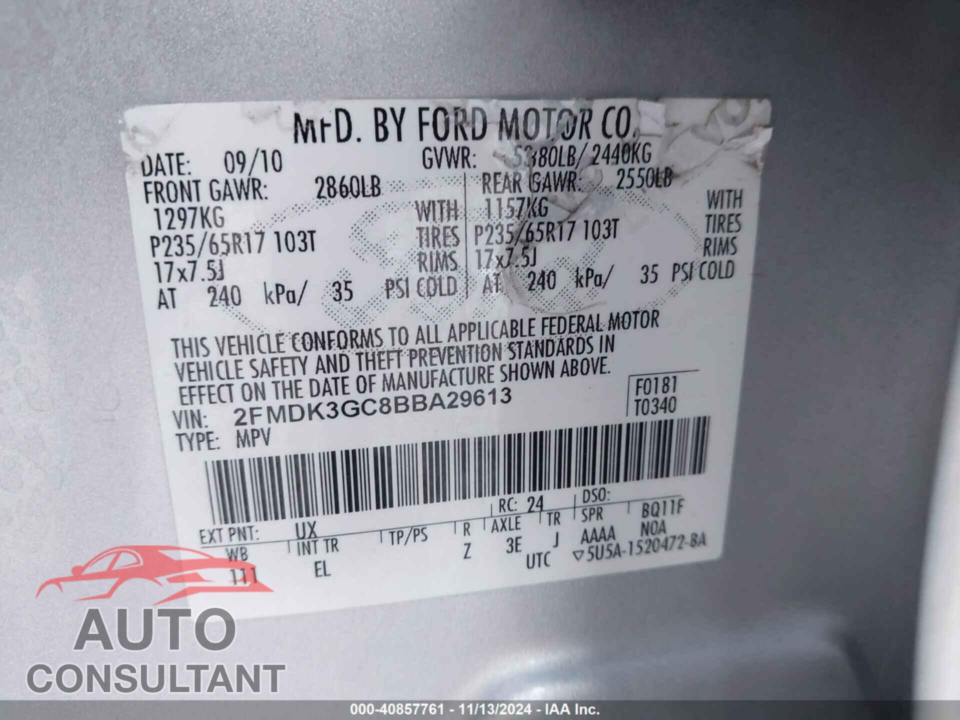 FORD EDGE 2011 - 2FMDK3GC8BBA29613