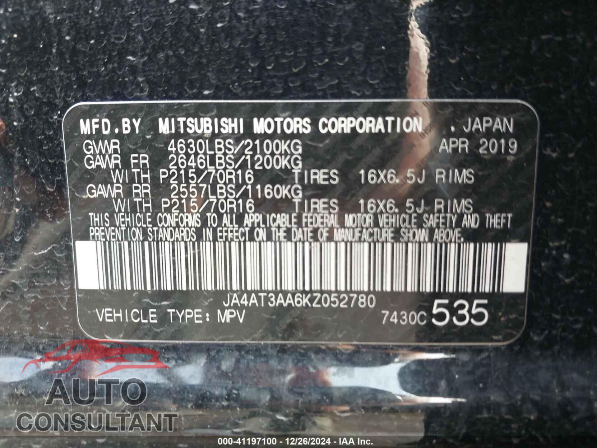 MITSUBISHI ECLIPSE CROSS 2019 - JA4AT3AA6KZ052780