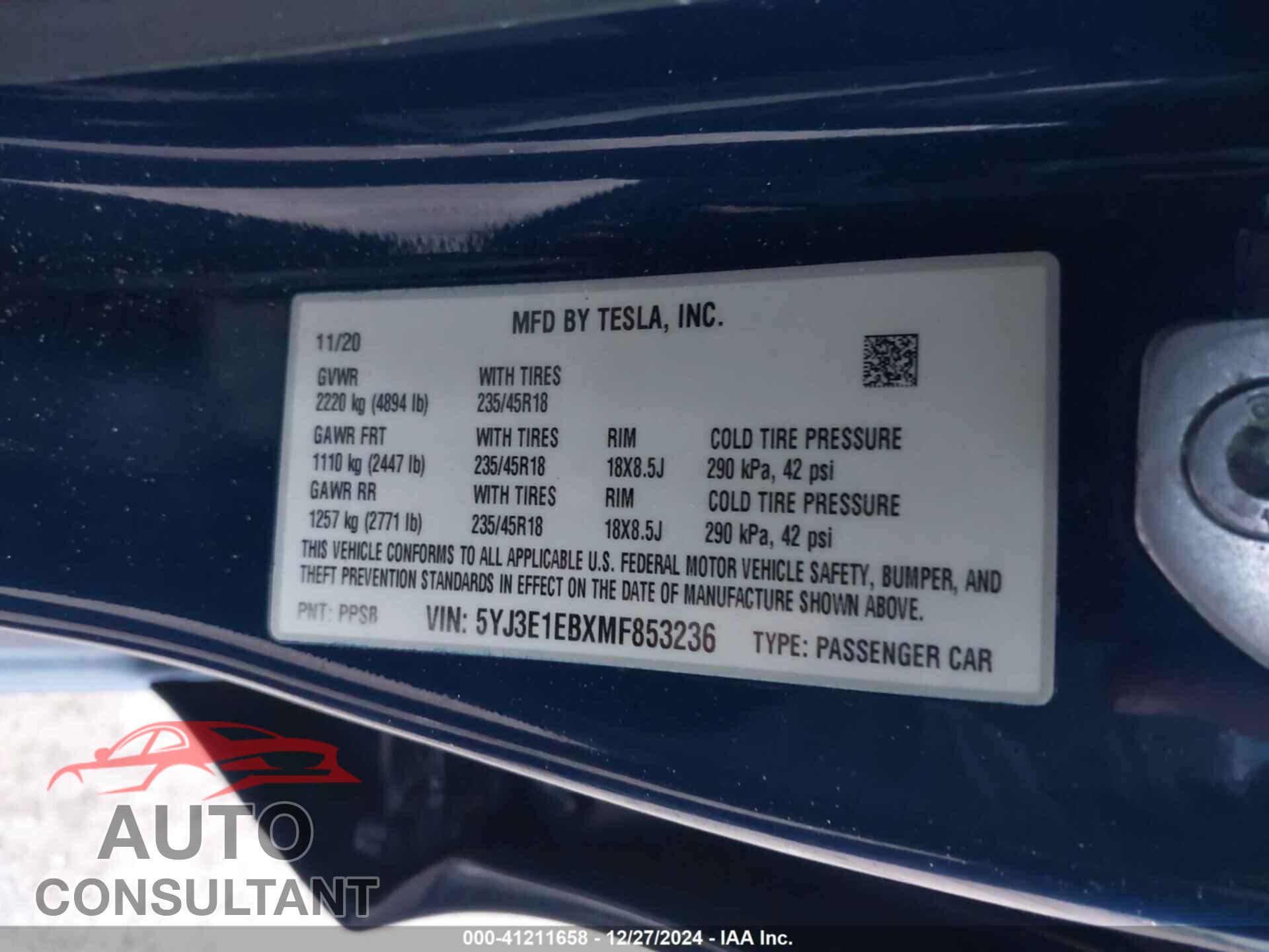 TESLA MODEL 3 2021 - 5YJ3E1EBXMF853236