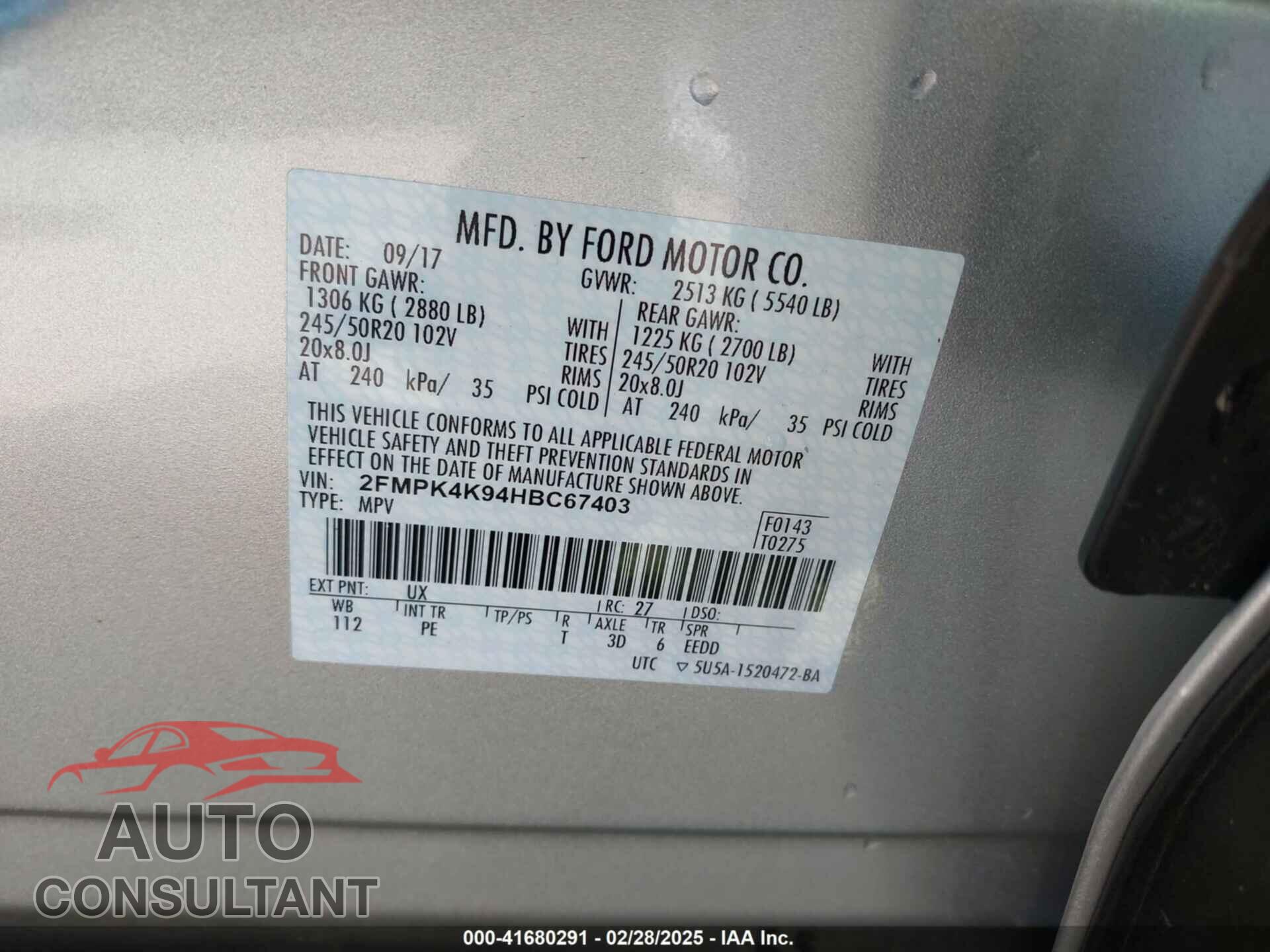 FORD EDGE 2017 - 2FMPK4K94HBC67403