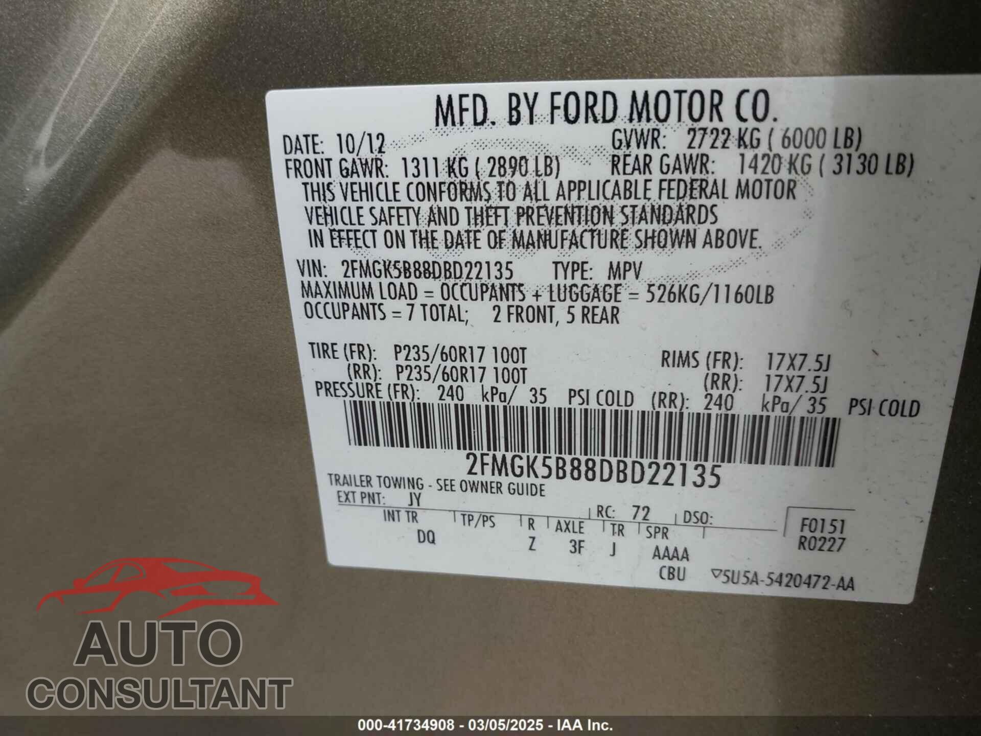 FORD FLEX 2013 - 2FMGK5B88DBD22135