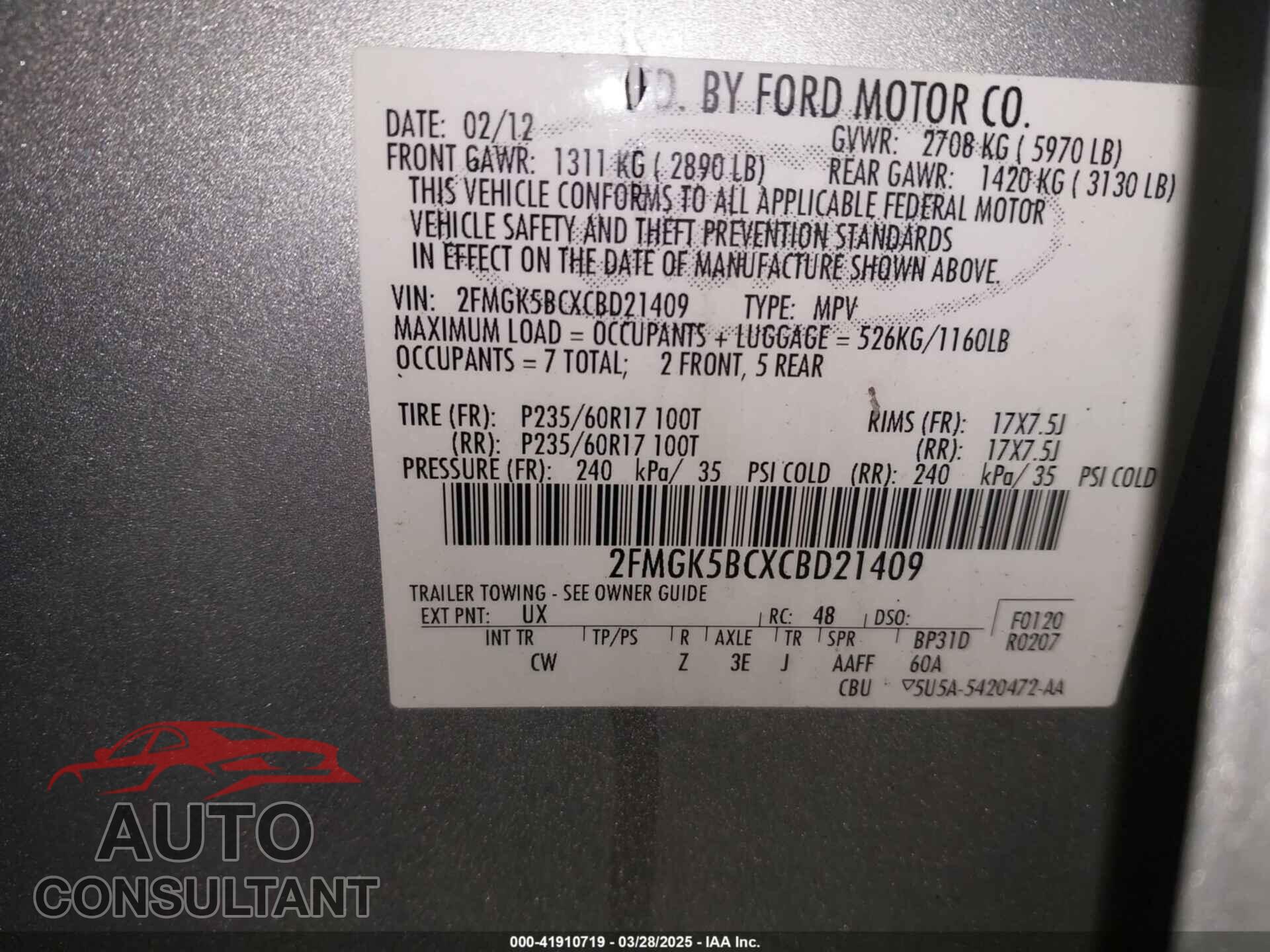 FORD FLEX 2012 - 2FMGK5BCXCBD21409