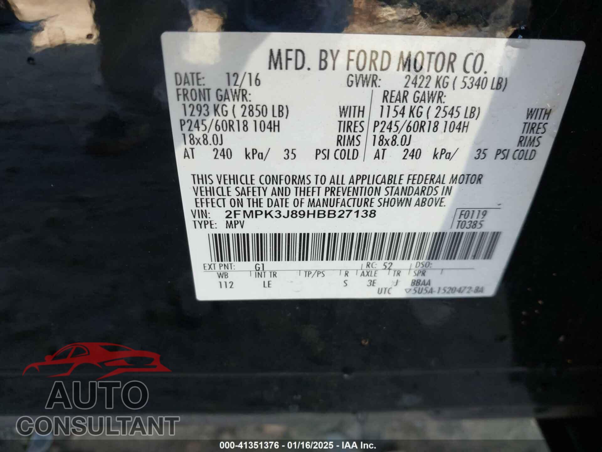 FORD EDGE 2017 - 2FMPK3J89HBB27138