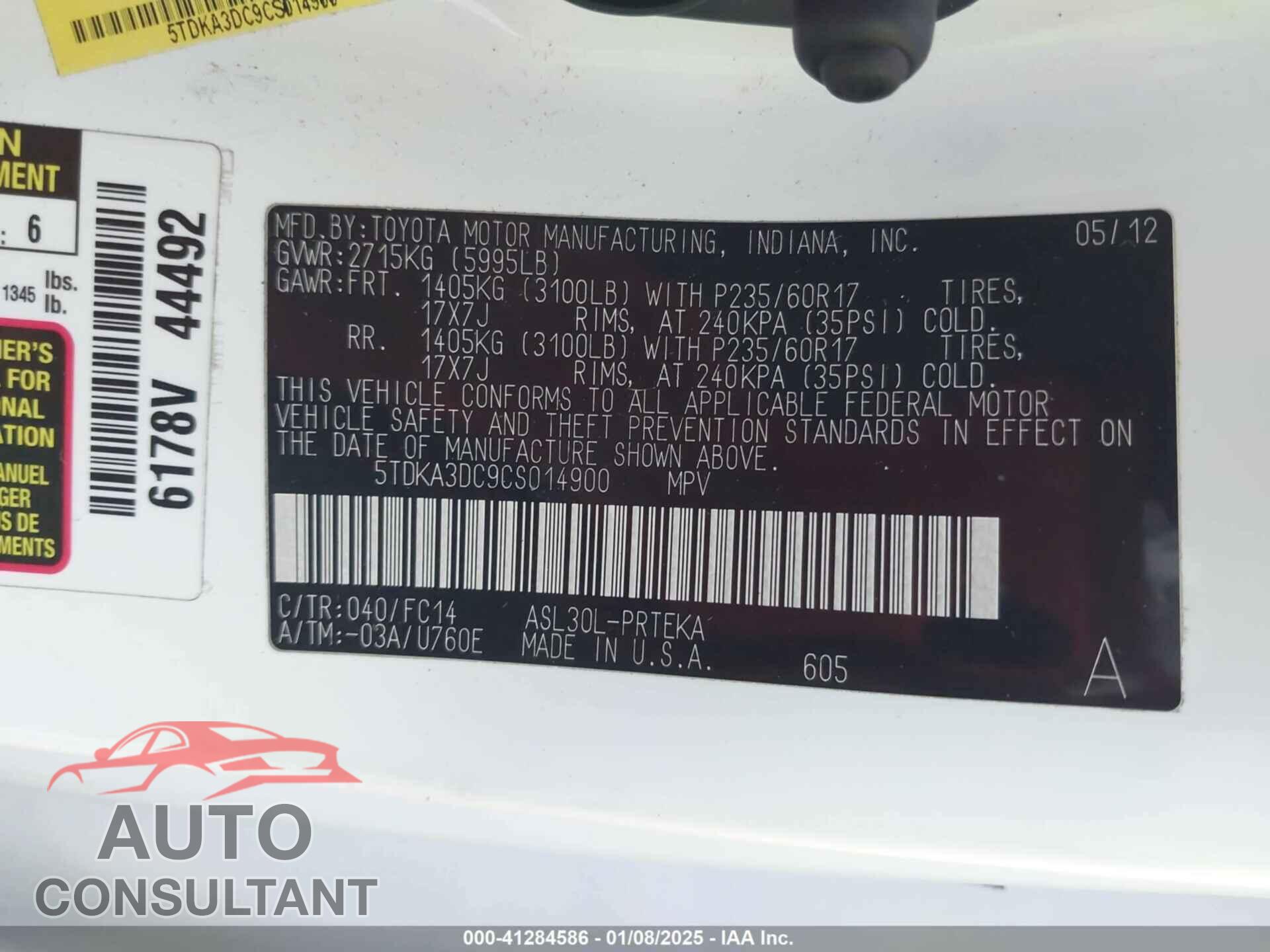 TOYOTA SIENNA 2012 - 5TDKA3DC9CS014900