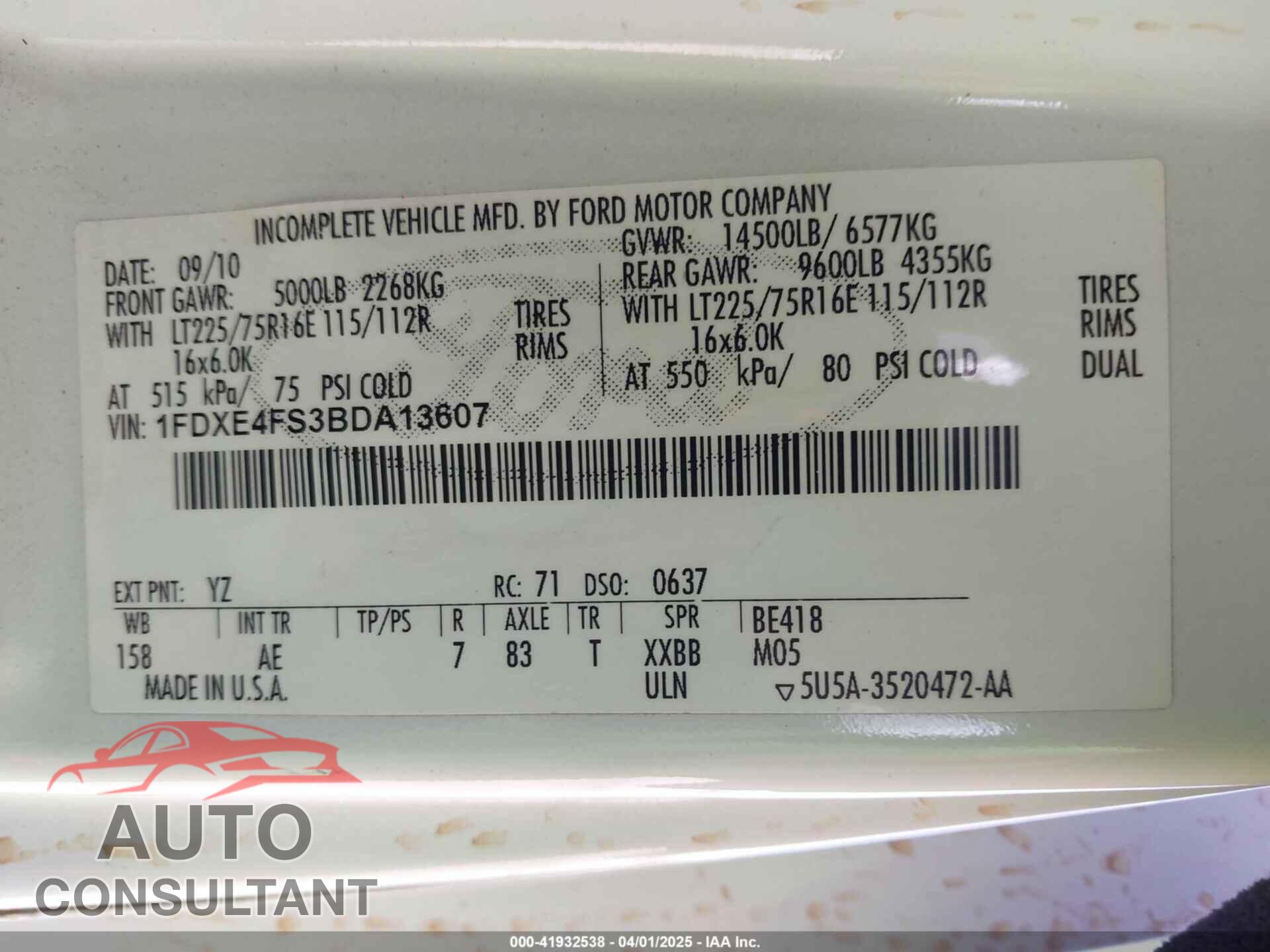 FORD E-450 CUTAWAY 2011 - 1FDXE4FS3BDA13607