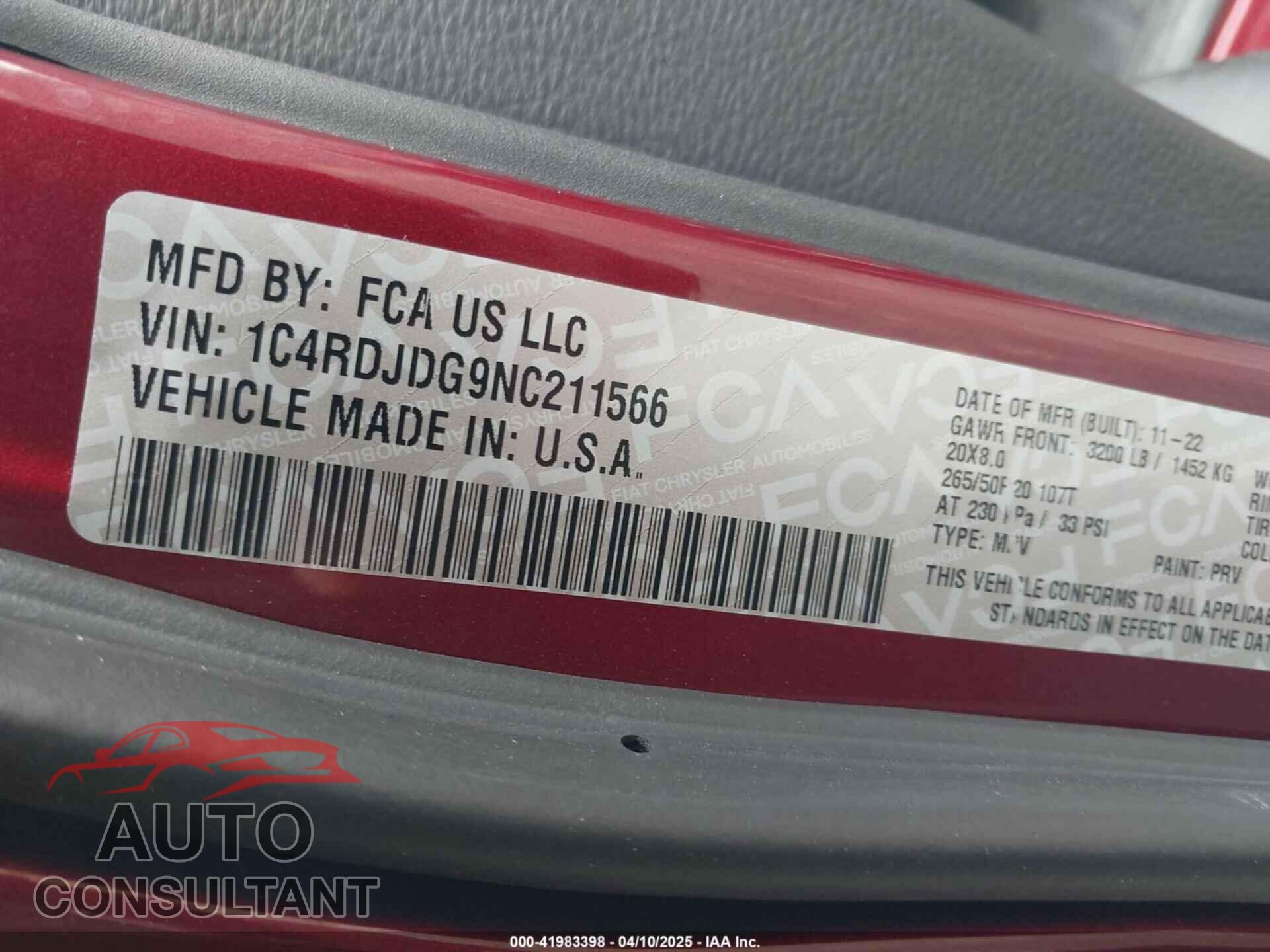 DODGE DURANGO 2022 - 1C4RDJDG9NC211566