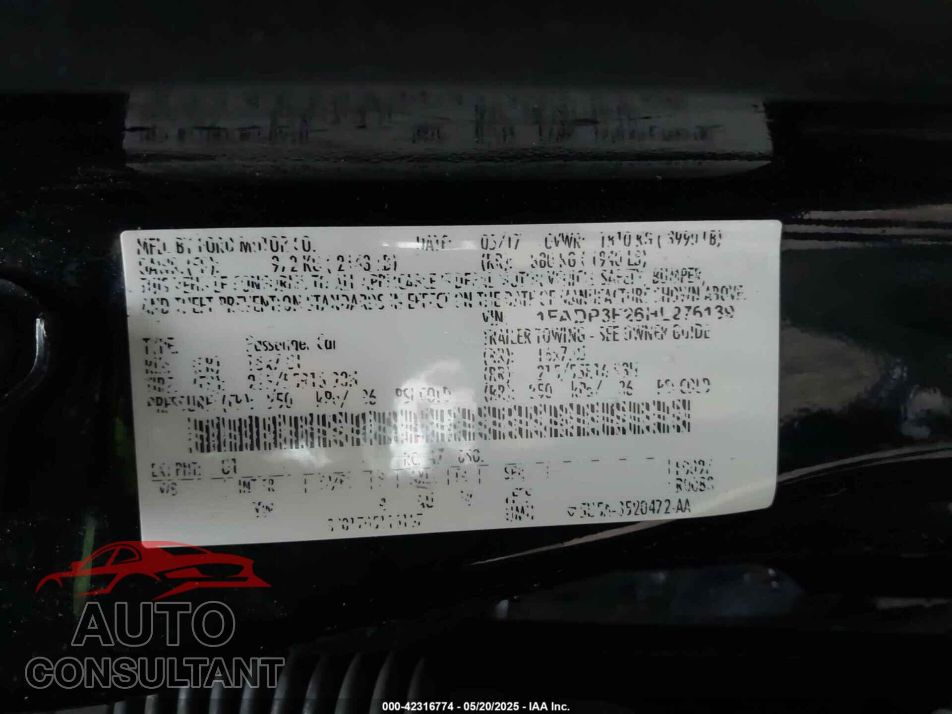 FORD FOCUS 2017 - 1FADP3F26HL276139