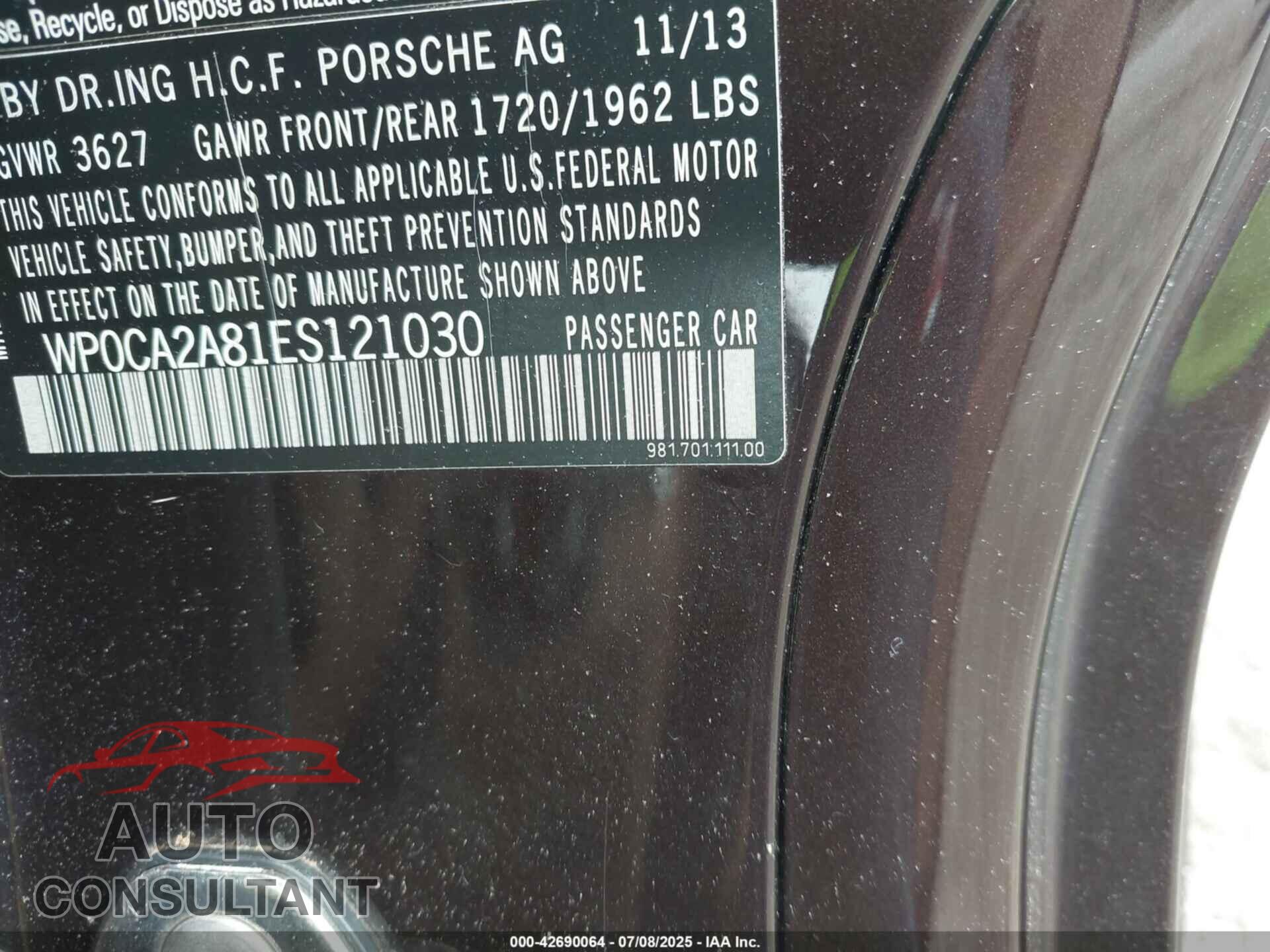PORSCHE BOXSTER 2014 - WP0CA2A81ES121030