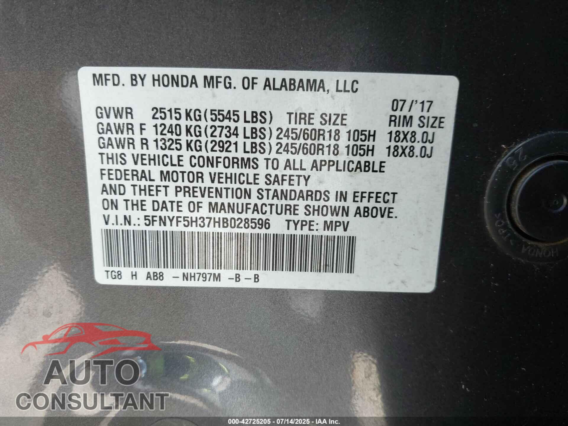 HONDA PILOT 2017 - 5FNYF5H37HB028596