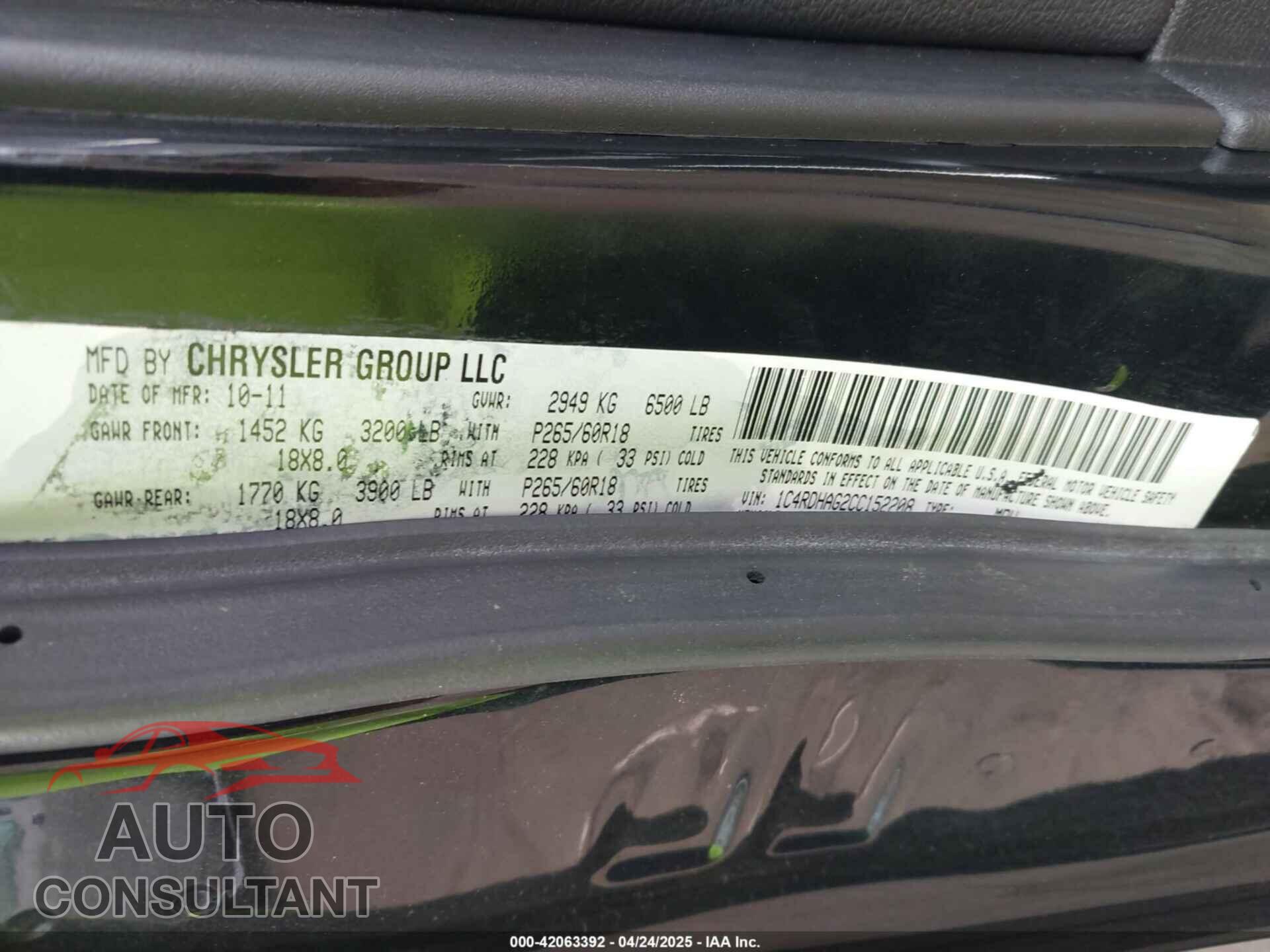 DODGE DURANGO 2012 - 1C4RDHAG2CC152208