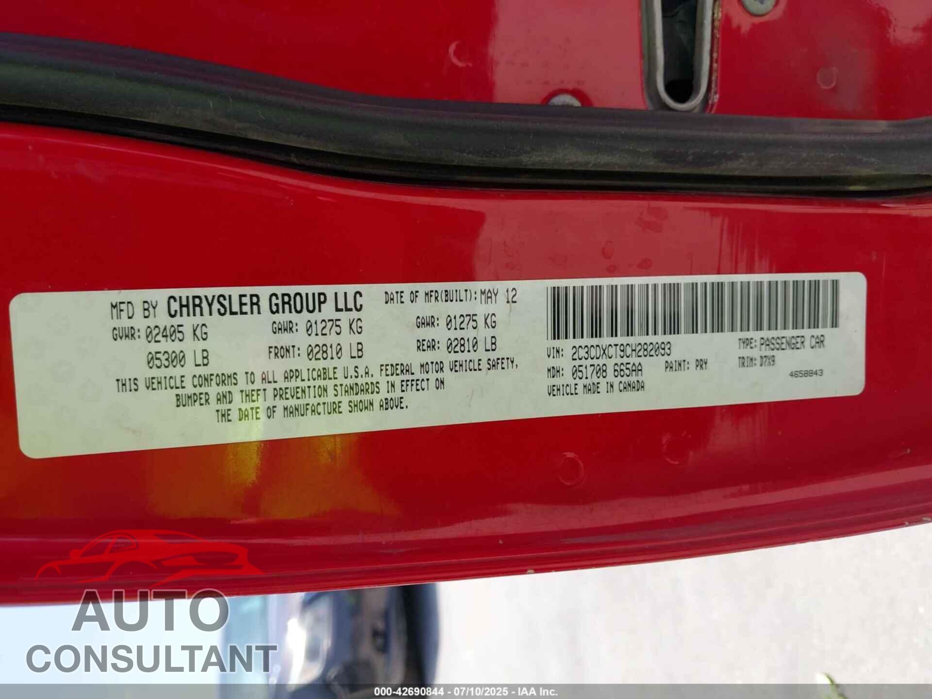 DODGE CHARGER 2012 - 2C3CDXCT9CH282093