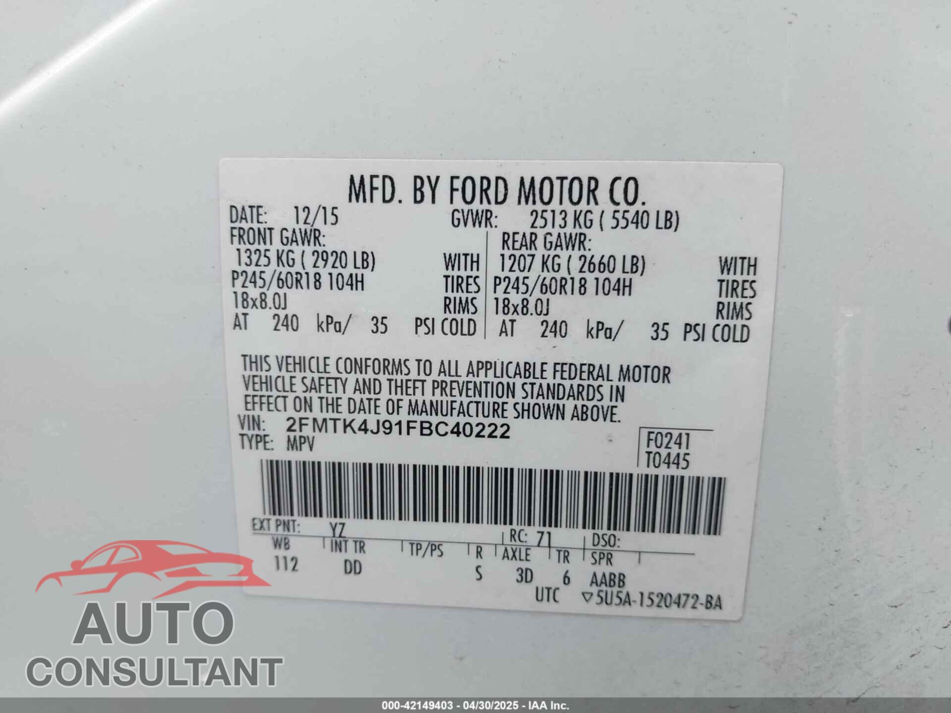 FORD EDGE 2015 - 2FMTK4J91FBC40222