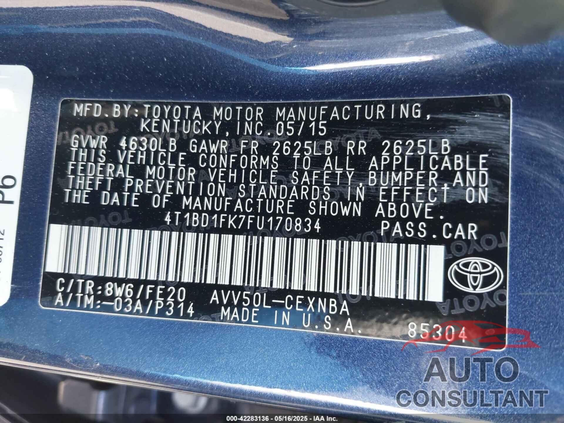 TOYOTA CAMRY HYBRID 2015 - 4T1BD1FK7FU170834