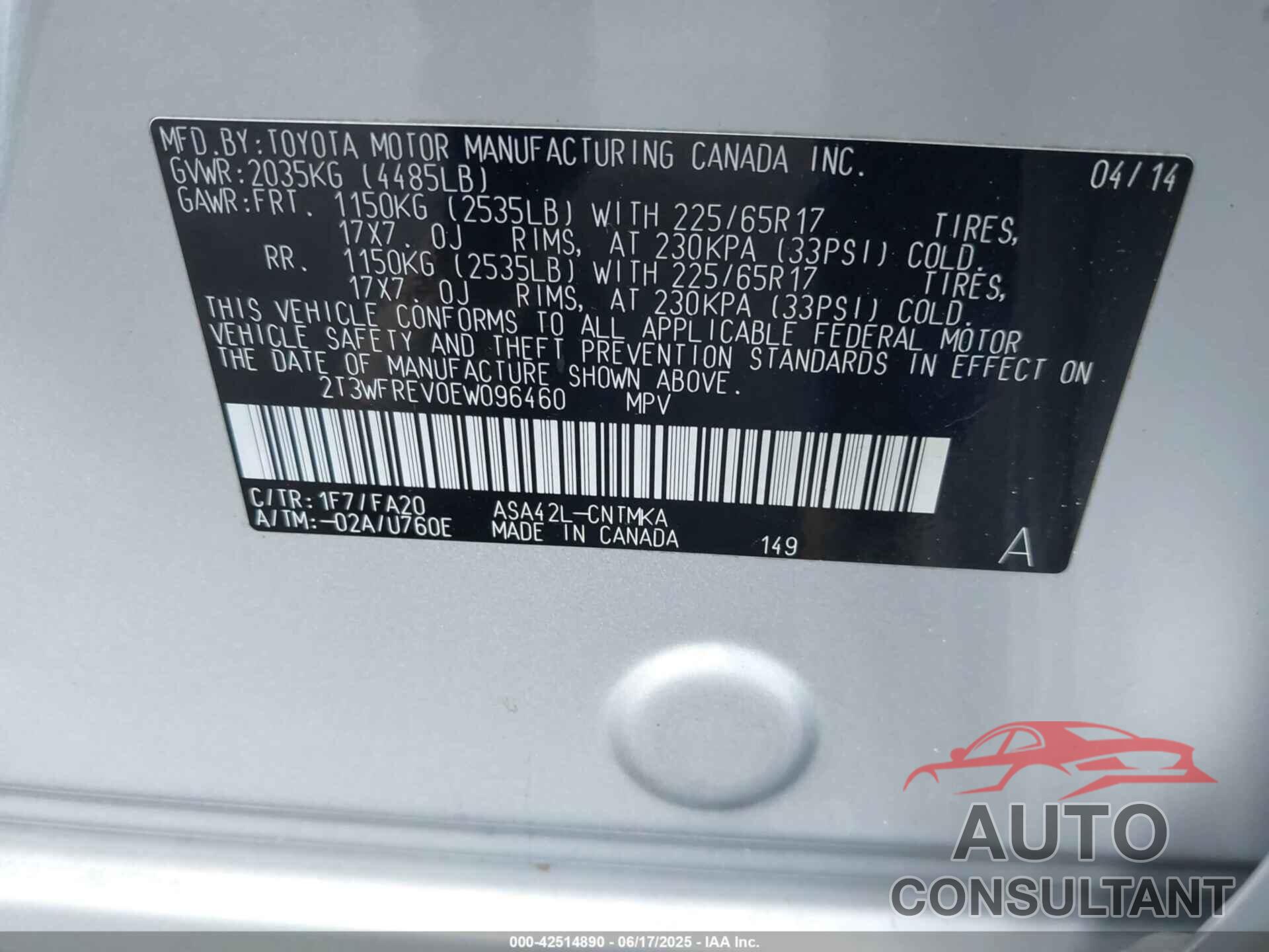 TOYOTA RAV4 2014 - 2T3WFREV0EW096460