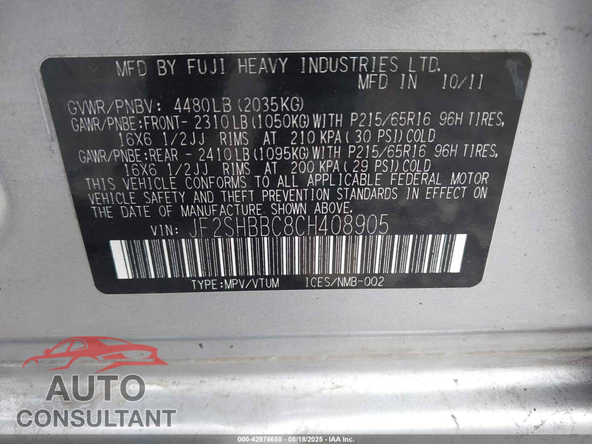 SUBARU FORESTER 2012 - JF2SHBBC8CH408905