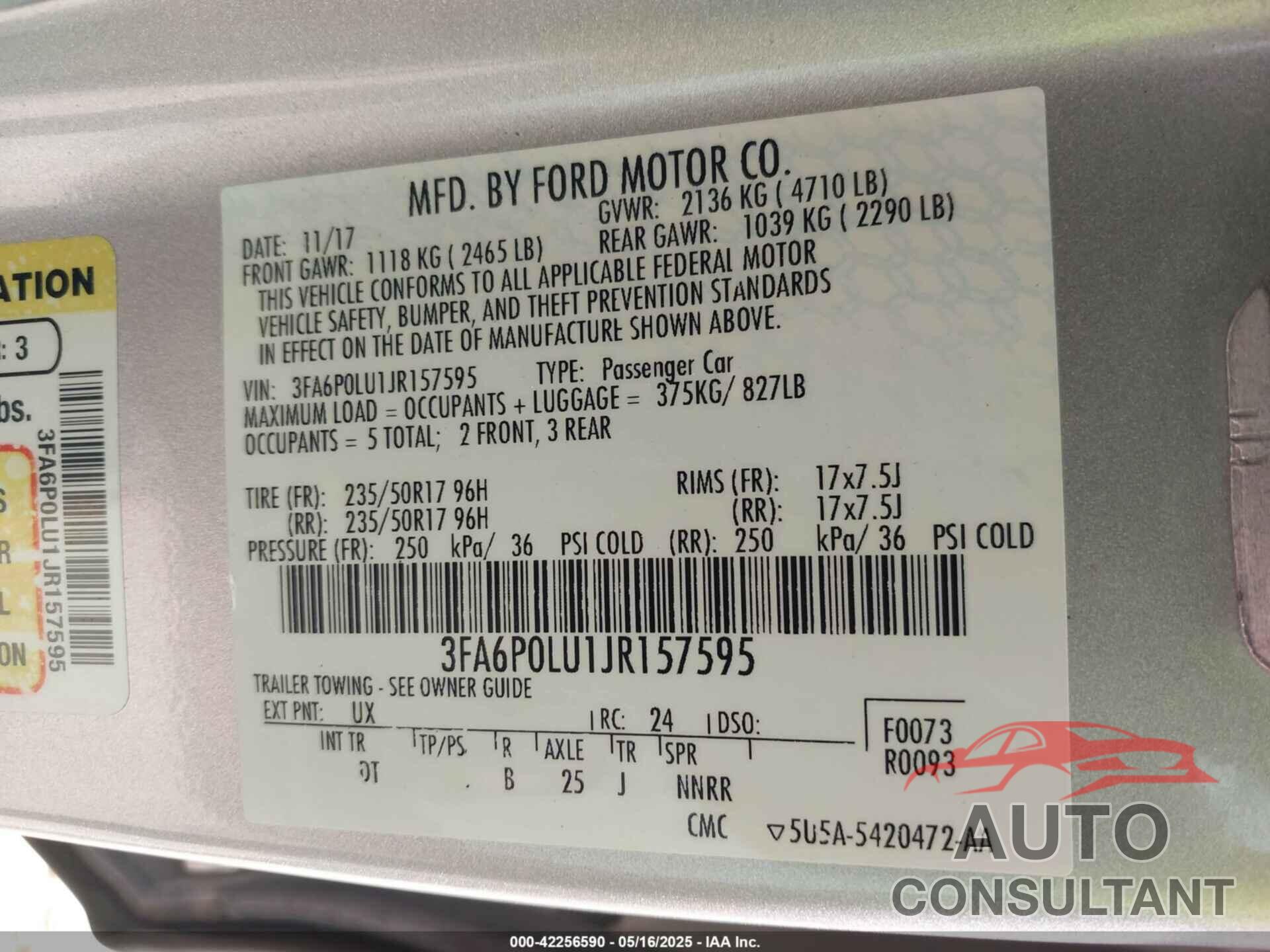 FORD FUSION HYBRID 2018 - 3FA6P0LU1JR157595