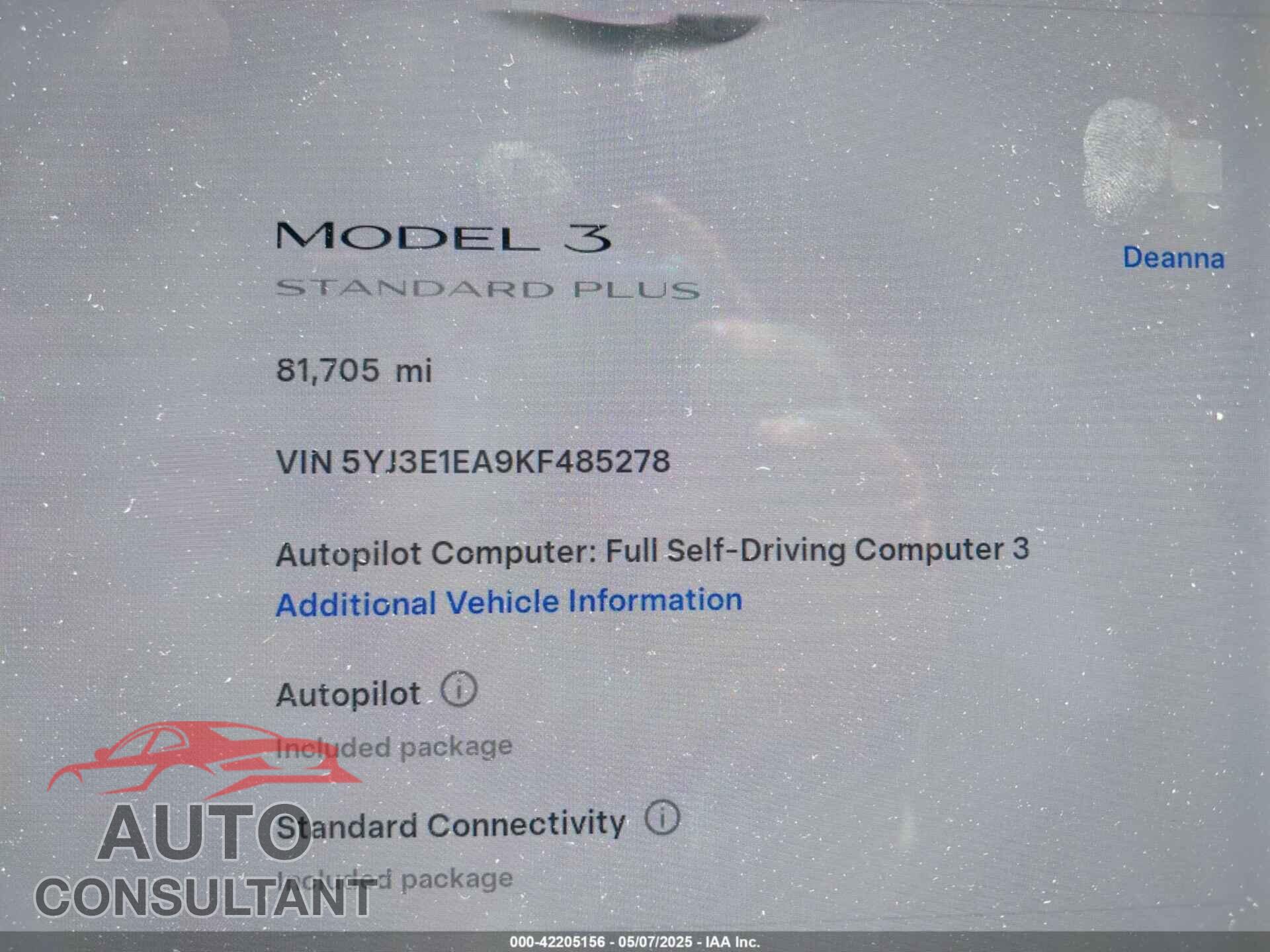 TESLA MODEL 3 2019 - 5YJ3E1EA9KF485278
